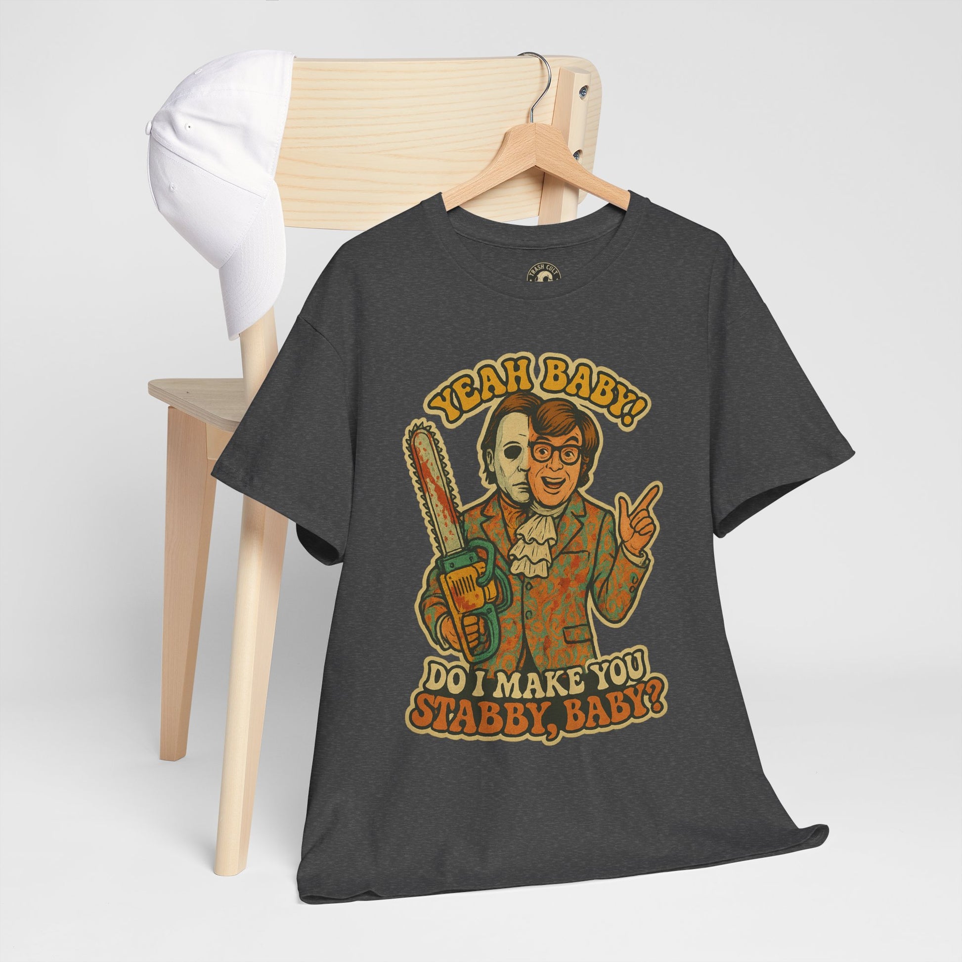 Mike Myers Parody Shirt – “Do I Make You Stabby, Baby?” Funny Horror Mashup Tee – Gildan 5000 Unisex