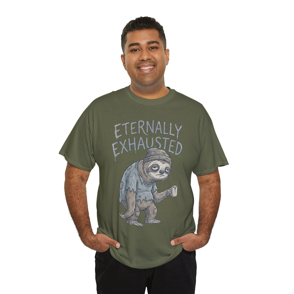 T-Shirt — 'Eternally Exhausted' Sloth Graphic Tee (Funny Coffee Lover Gift)