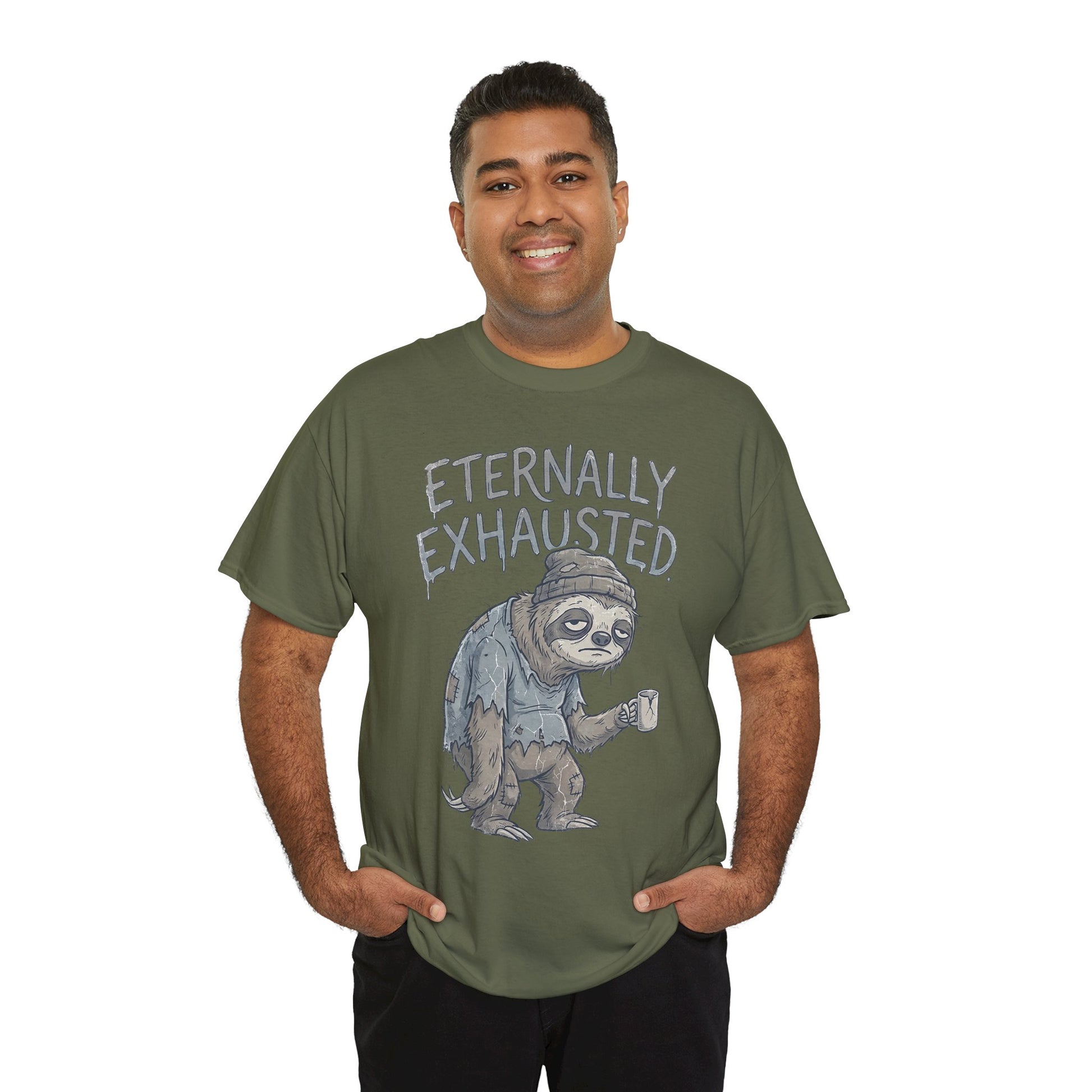 T-Shirt — 'Eternally Exhausted' Sloth Graphic Tee (Funny Coffee Lover Gift)