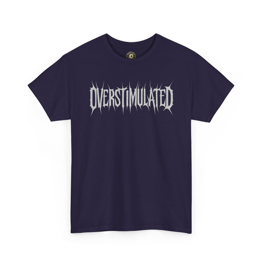 OVERSTIMULATED Metalcore Grunge Shirt – White on Black Distressed Font Tee