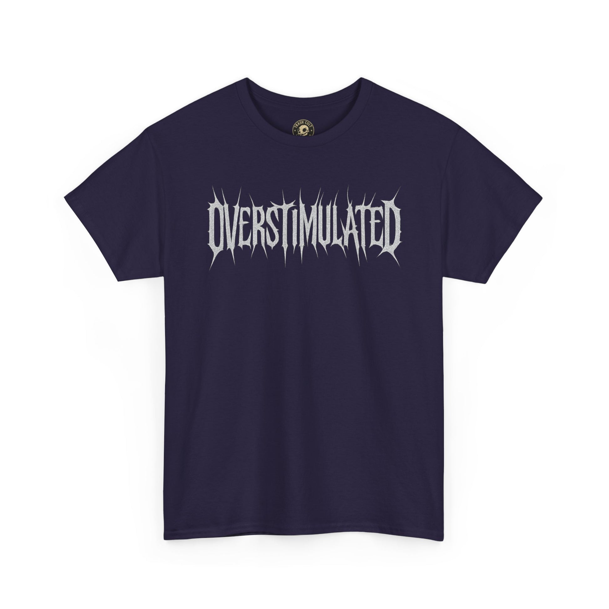 OVERSTIMULATED Metalcore Grunge Shirt – White on Black Distressed Font Tee