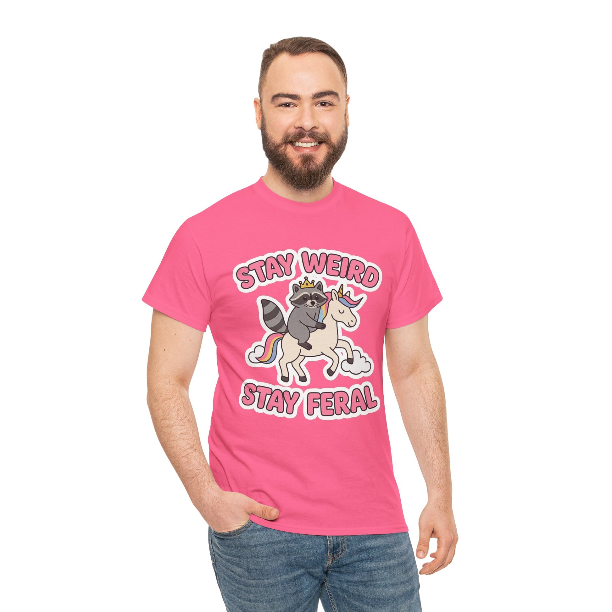 Stay Weird Stay Feral Shirt – Raccoon & Unicorn – High Visibility Gildan 5000 Tee