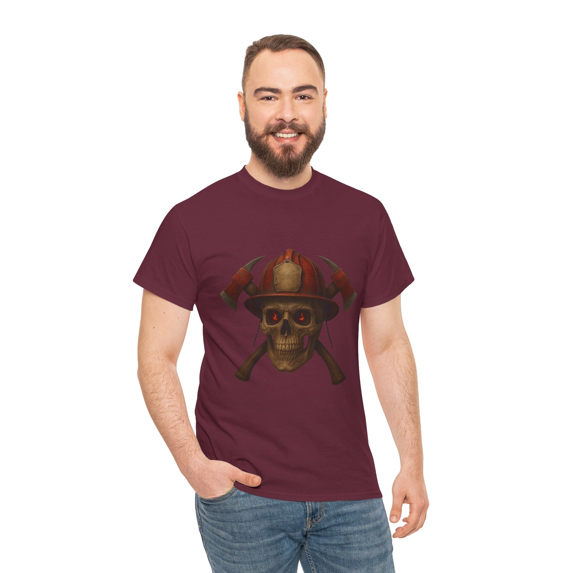 Skull Firefighter Tee, Unisex Heavy Cotton Shirt, Firefighter Gift, Halloween Costume T-Shirt, Unique Graphic Tee, Casual Wear