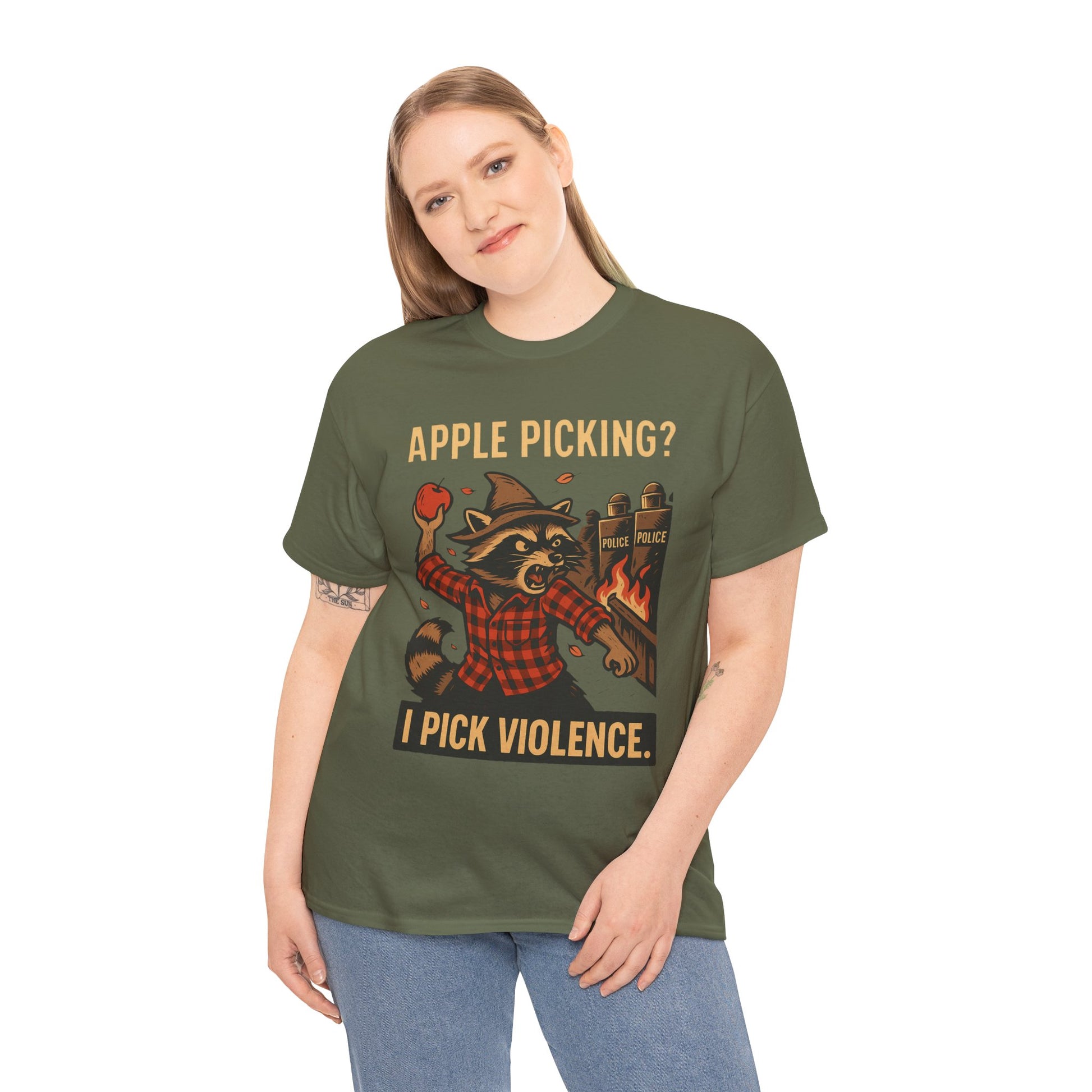 Apple Picking? I Pick Violence Shirt – Angry Raccoon Riot Tee – Fall of Humanity Collection – Trash Cult Supply Co.