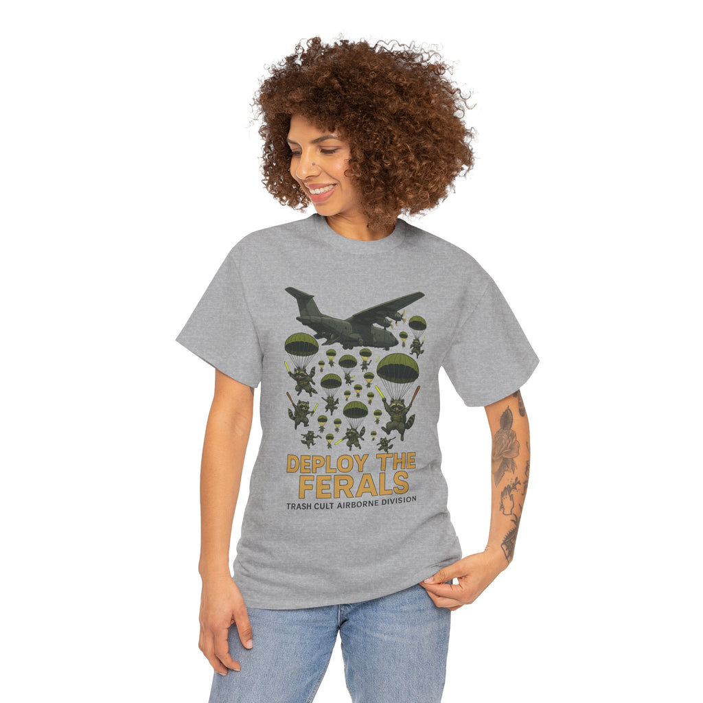 Deploy the Ferals T-Shirt – Airborne Raccoon Drop Graphic | Trash Cult Supply Co. | Gildan 5000 Heavy Cotton Tee