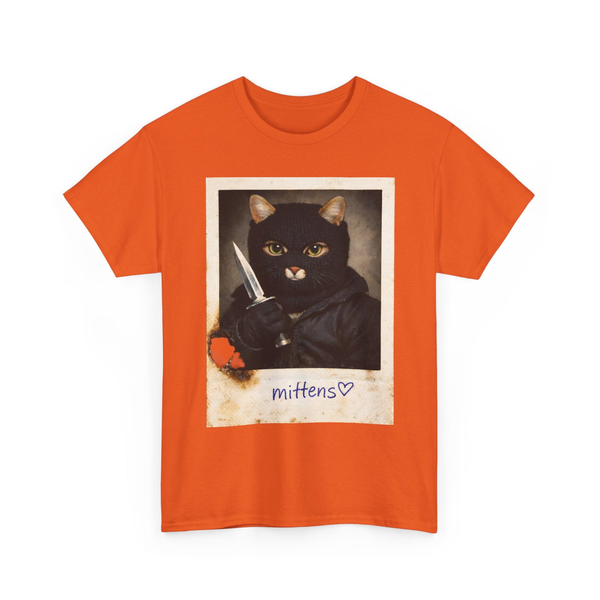 Cat With Knife Tee — "Mittens" Dark Humor Vintage Polaroid Graphic T-Shirt