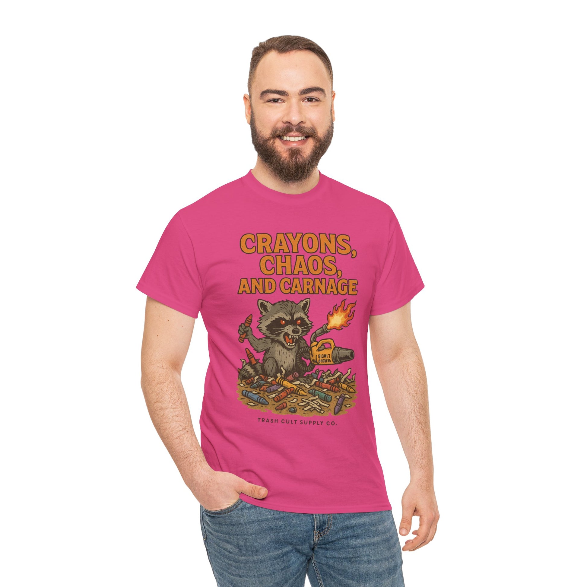 Crayons, Chaos, and Carnage T-Shirt – Dark Humor Raccoon Graphic | Trash Cult Supply Co. | Gildan 5000 Tee