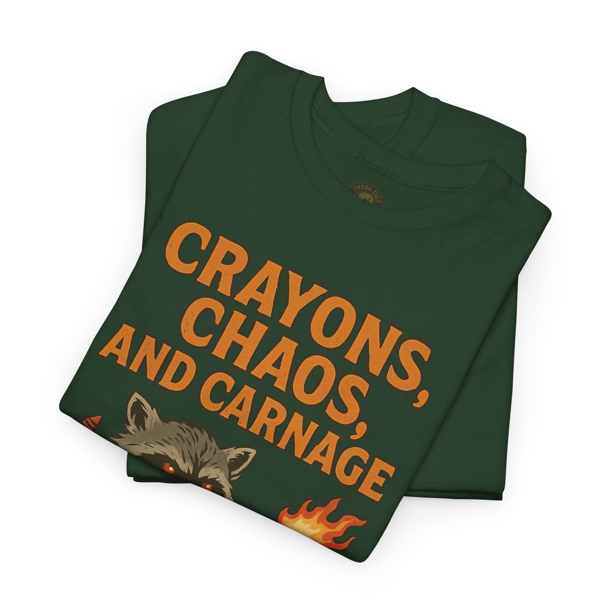 Crayons, Chaos, and Carnage T-Shirt – Dark Humor Raccoon Graphic | Trash Cult Supply Co. | Gildan 5000 Tee