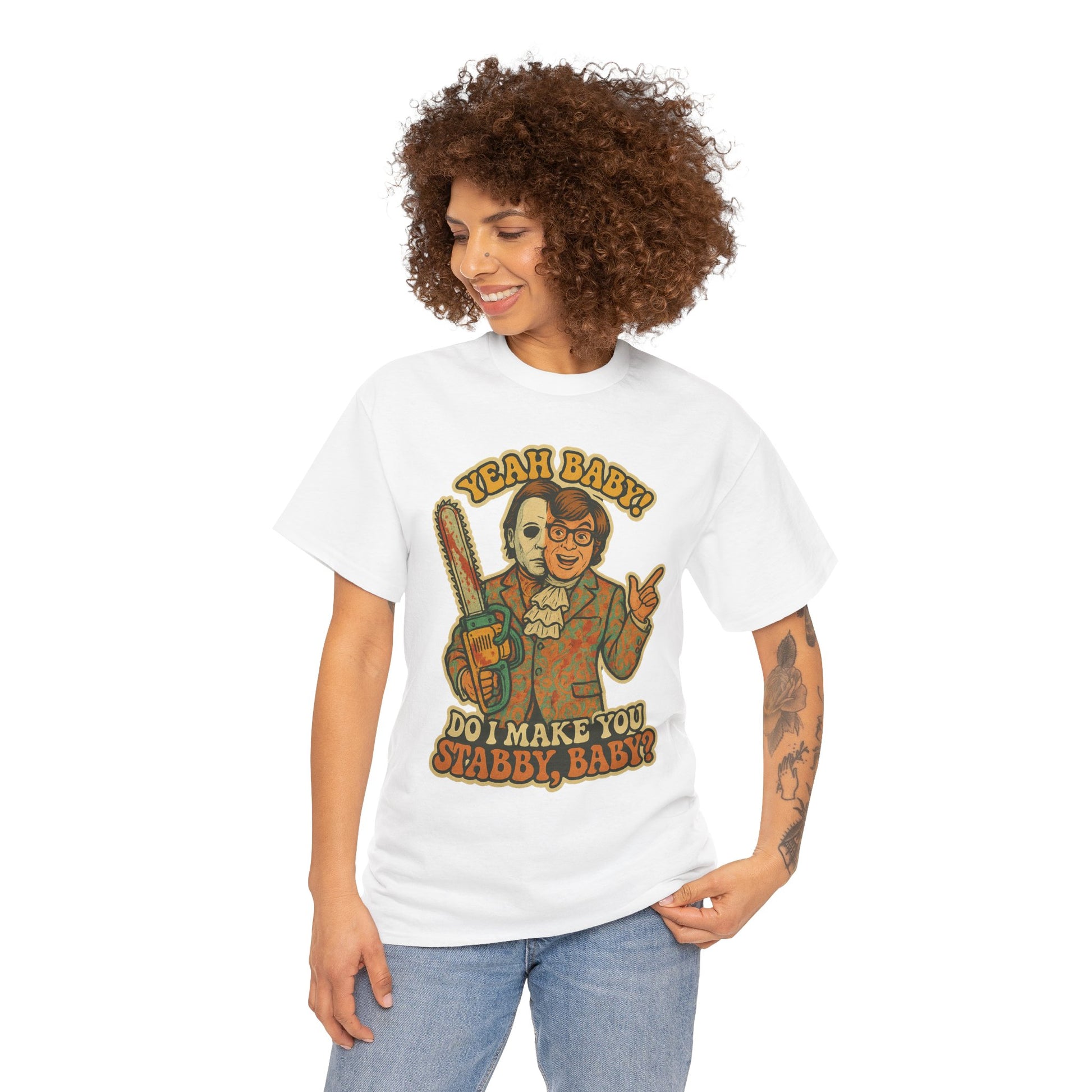 Mike Myers Parody Shirt – “Do I Make You Stabby, Baby?” Funny Horror Mashup Tee – Gildan 5000 Unisex