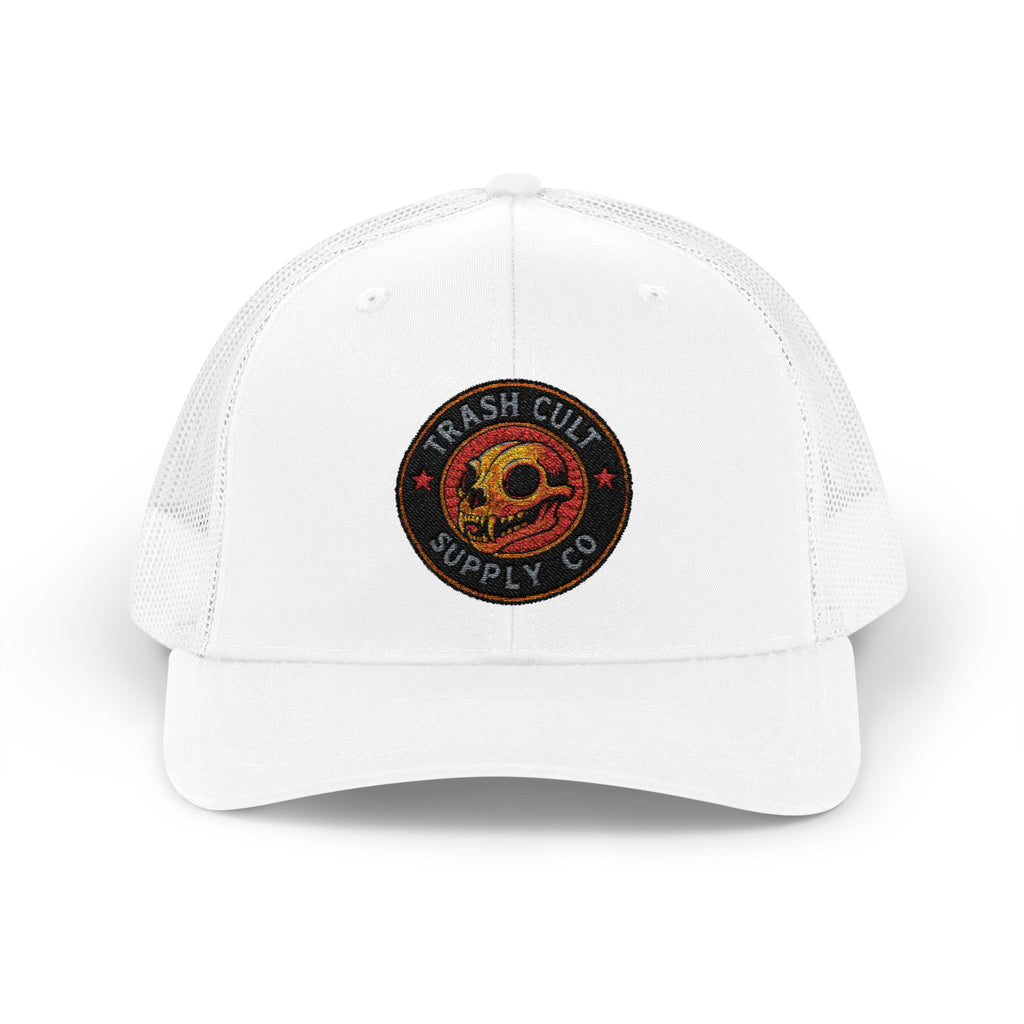 White cap with a logo on a white background