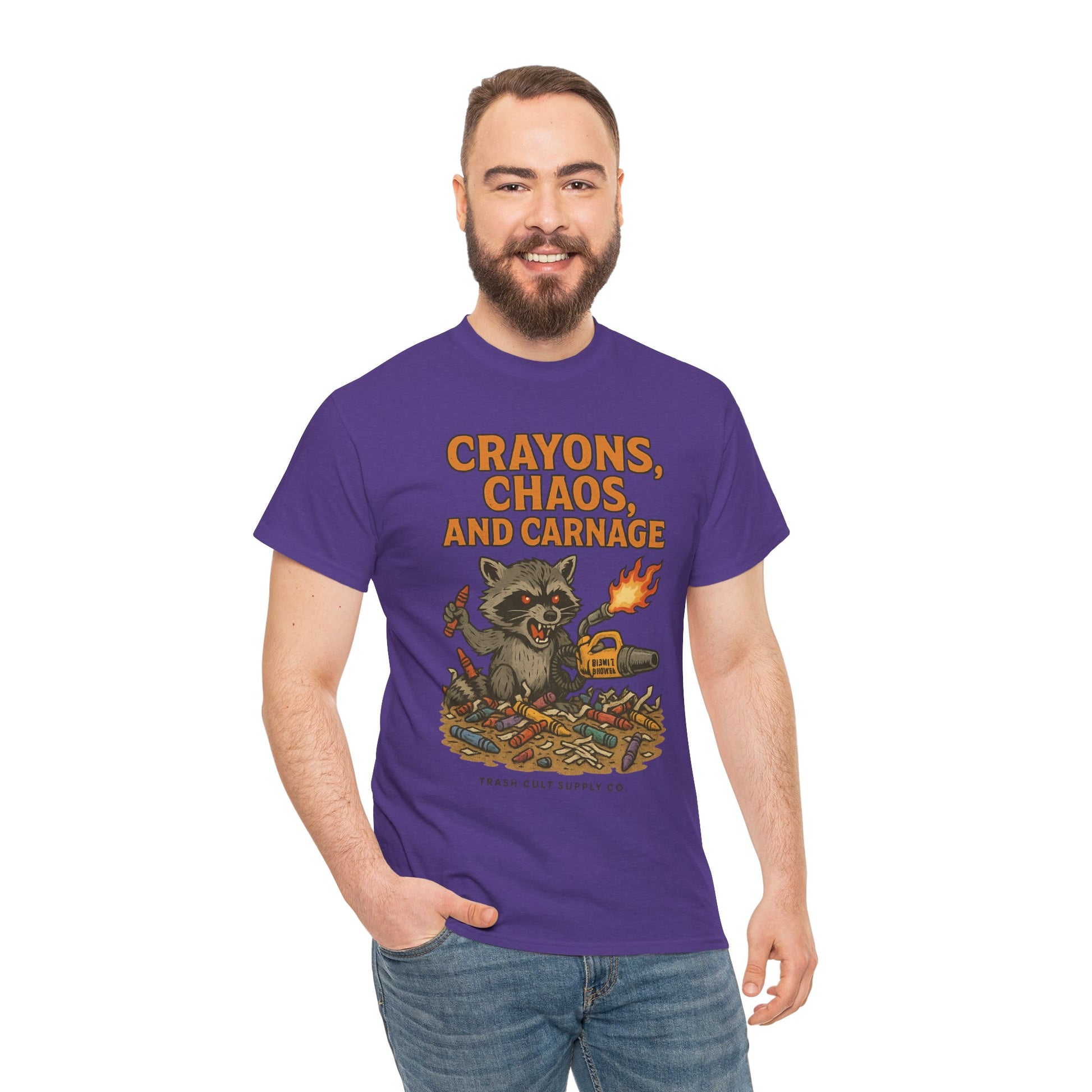 Crayons, Chaos, and Carnage T-Shirt – Dark Humor Raccoon Graphic | Trash Cult Supply Co. | Gildan 5000 Tee