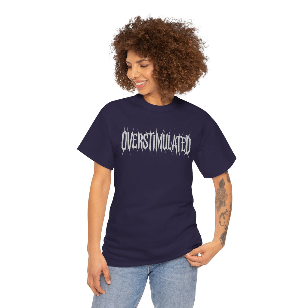 OVERSTIMULATED Metalcore Grunge Shirt – White on Black Distressed Font Tee