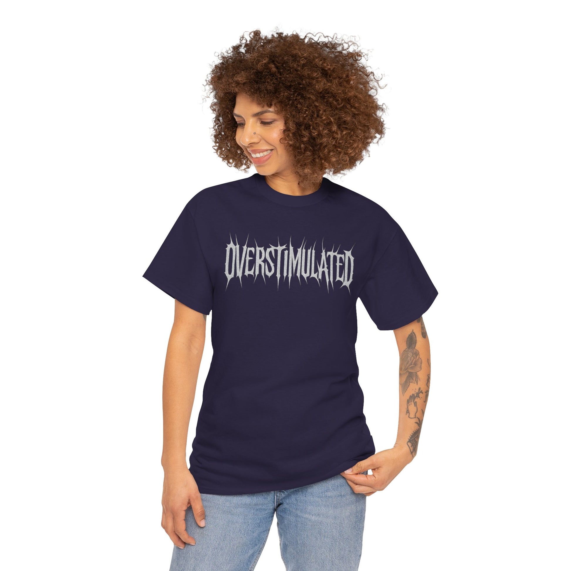 OVERSTIMULATED Metalcore Grunge Shirt – White on Black Distressed Font Tee