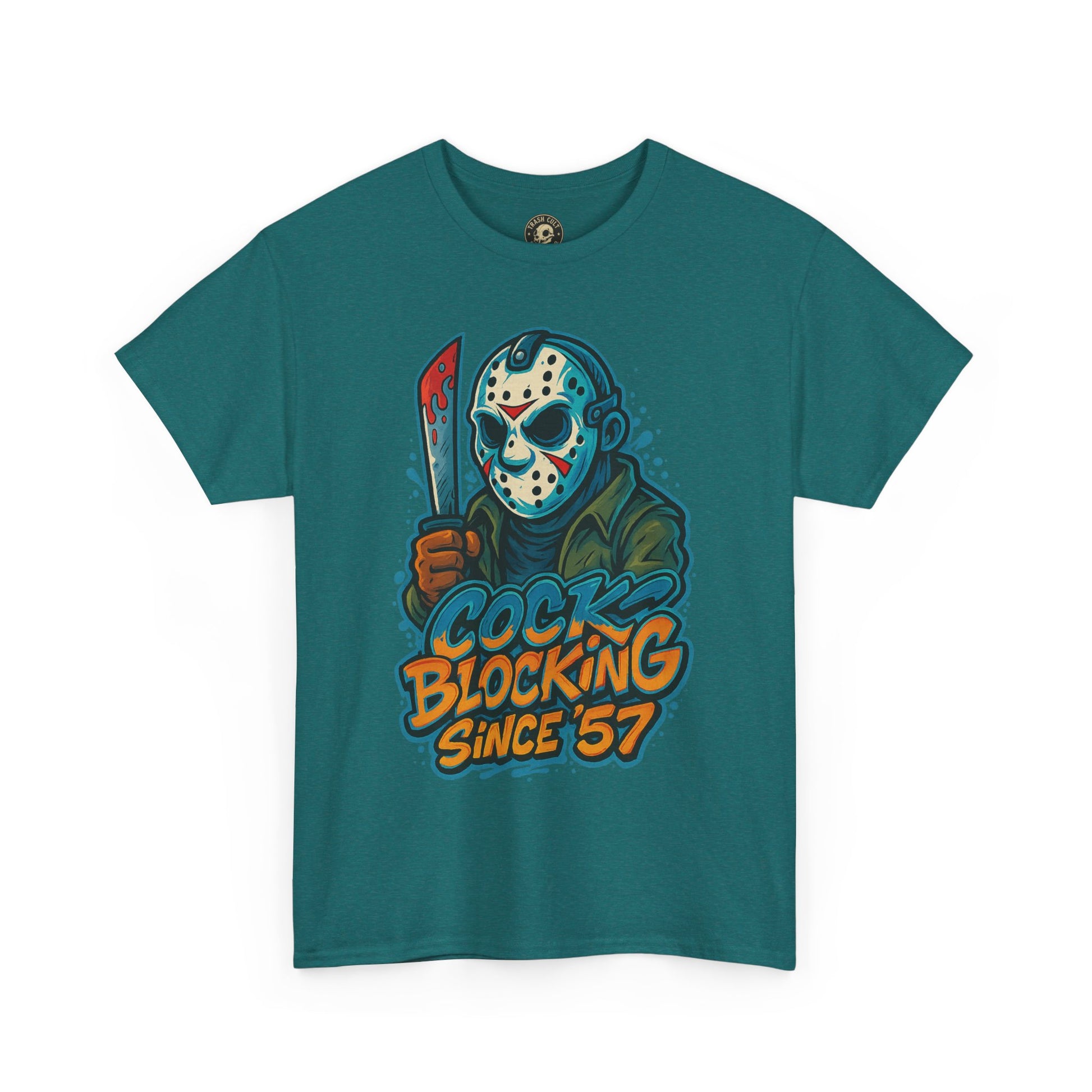 Jason Voorhees “Cock Blocking Since ’57” Funny Horror T-Shirt – Gildan 5000 | Slasher Meme Graphic Tee