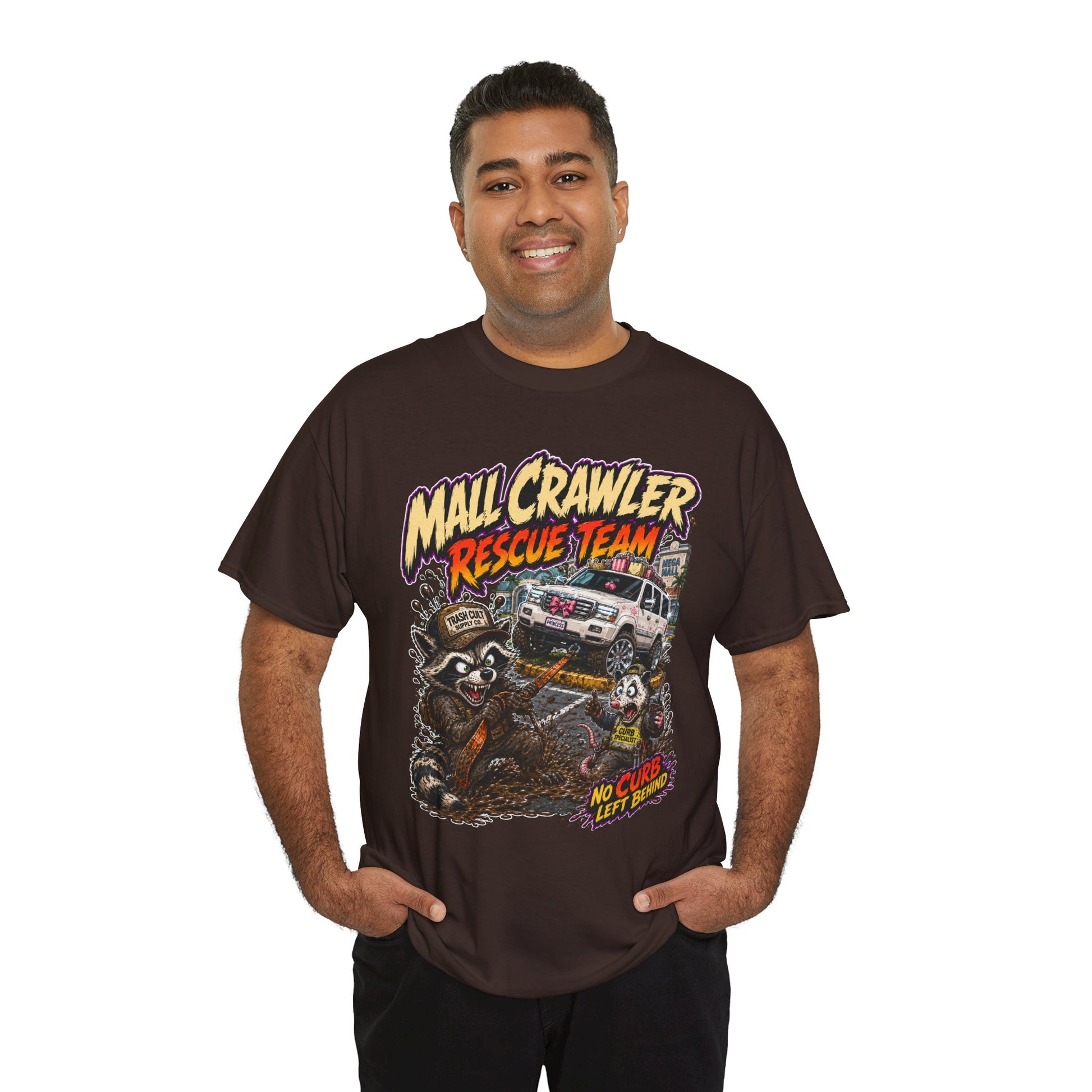 Mall Crawler Rescue Team T‑Shirt — Vintage Raccoon Rescue Graphic Tee (“No Curb Left Behind”)