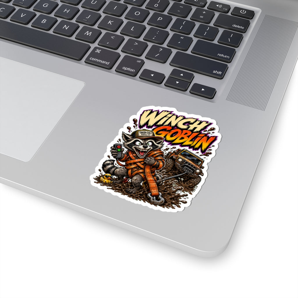 Winch Goblin Sticker — Off‑Road Raccoon Winching Decal