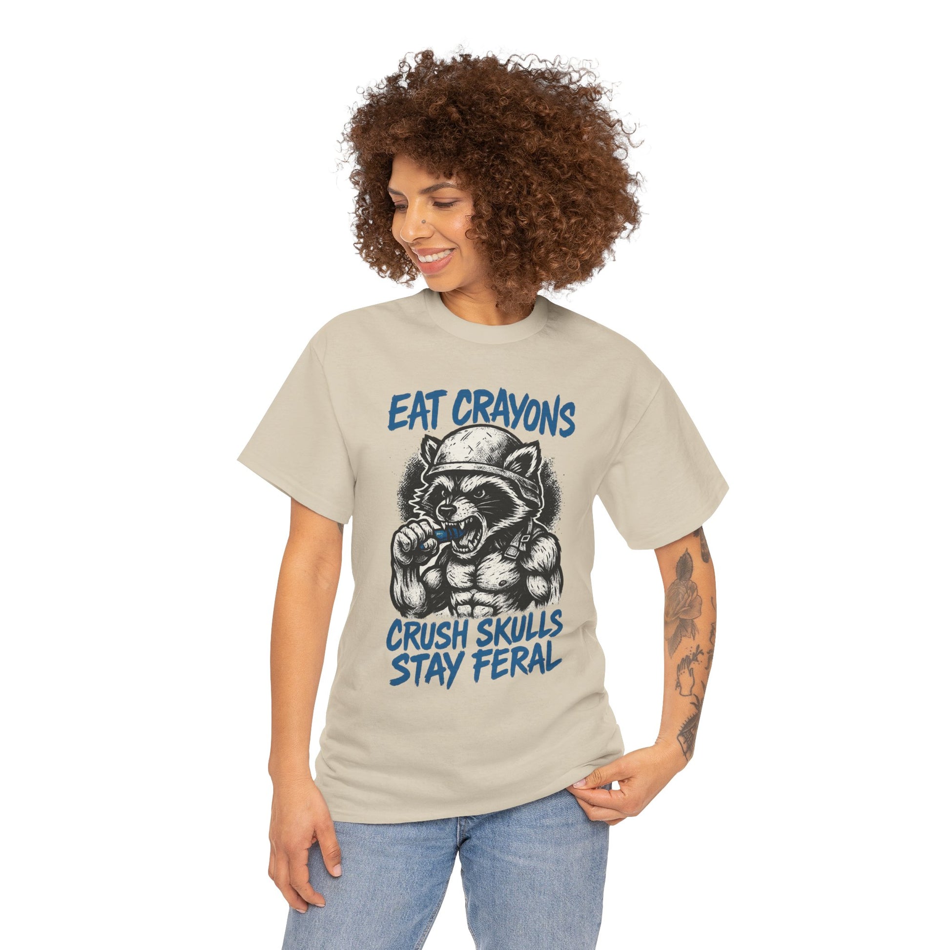 Eat Crayons Crush Skulls Stay Feral Military Raccoon Shirt – Gildan 5000
