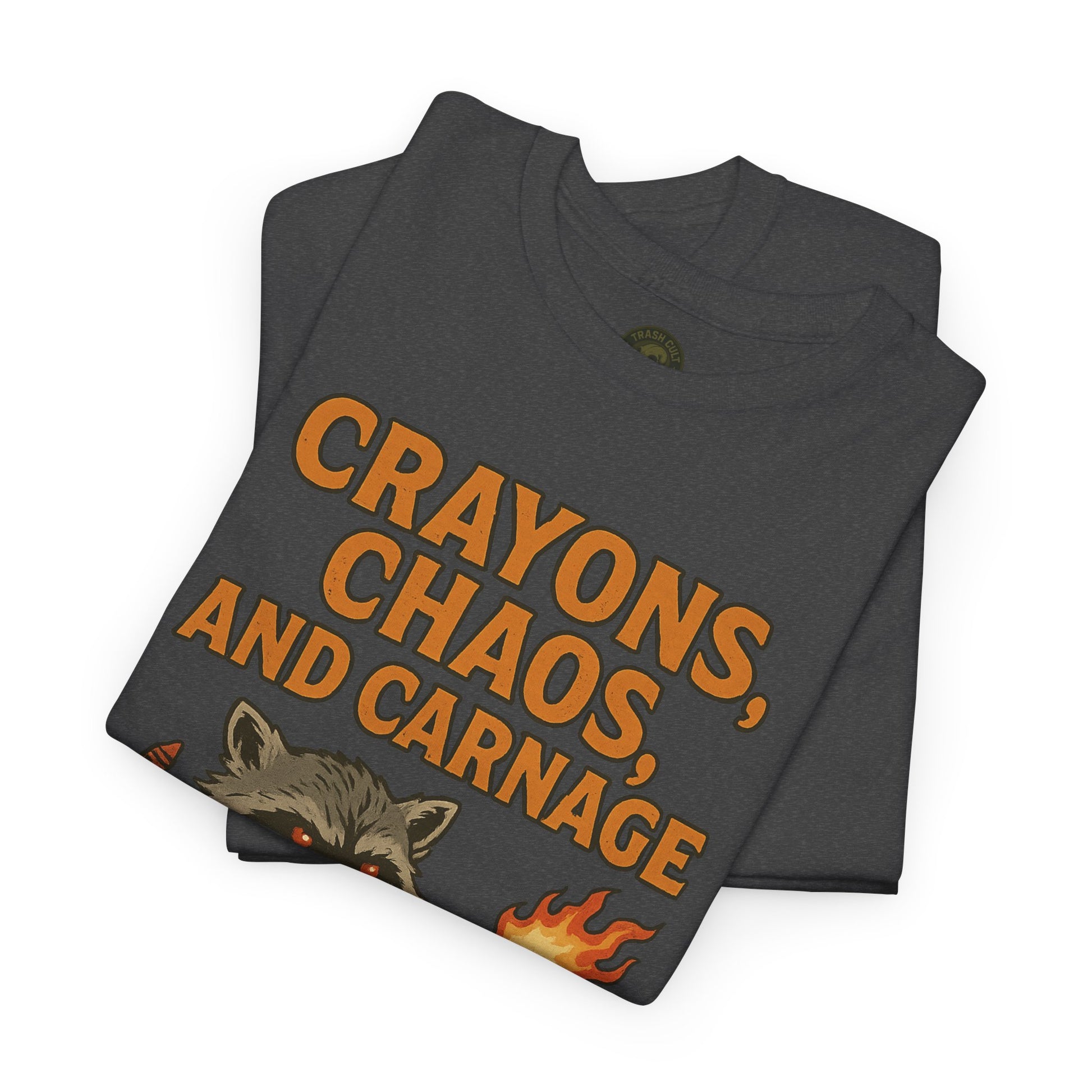 Crayons, Chaos, and Carnage T-Shirt – Dark Humor Raccoon Graphic | Trash Cult Supply Co. | Gildan 5000 Tee