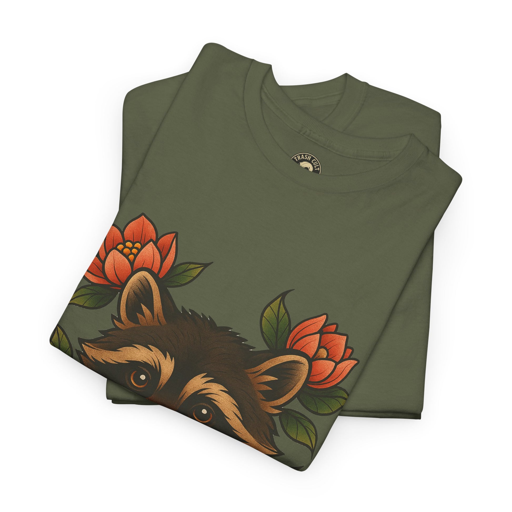 Neo-Traditional Raccoon & Lotus Tattoo Shirt – Trash Cult Supply Co. – Gildan 5000