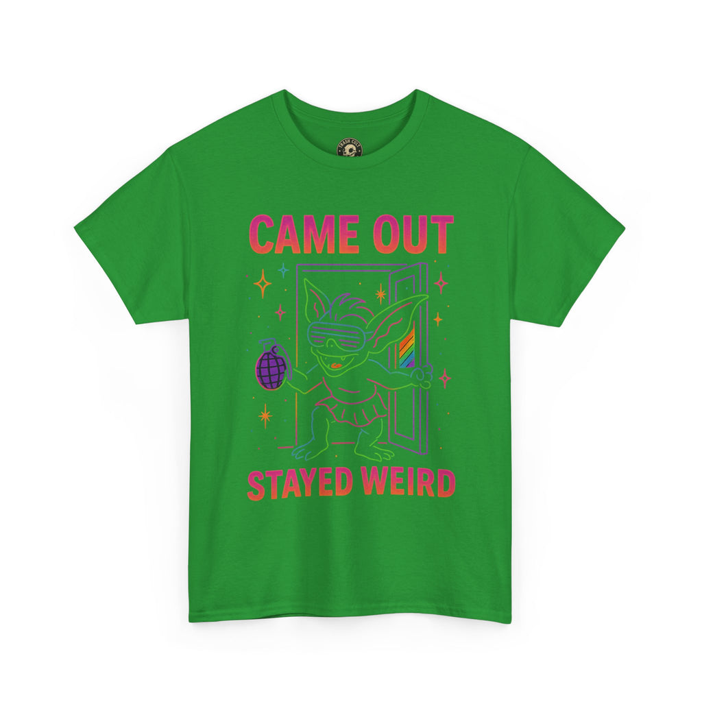 Came Out, Stayed Weird – Neon Gremlin Pride T-Shirt | Gildan Unisex Heavy Cotton Tee | LGBTQ+ Graphic Shirt