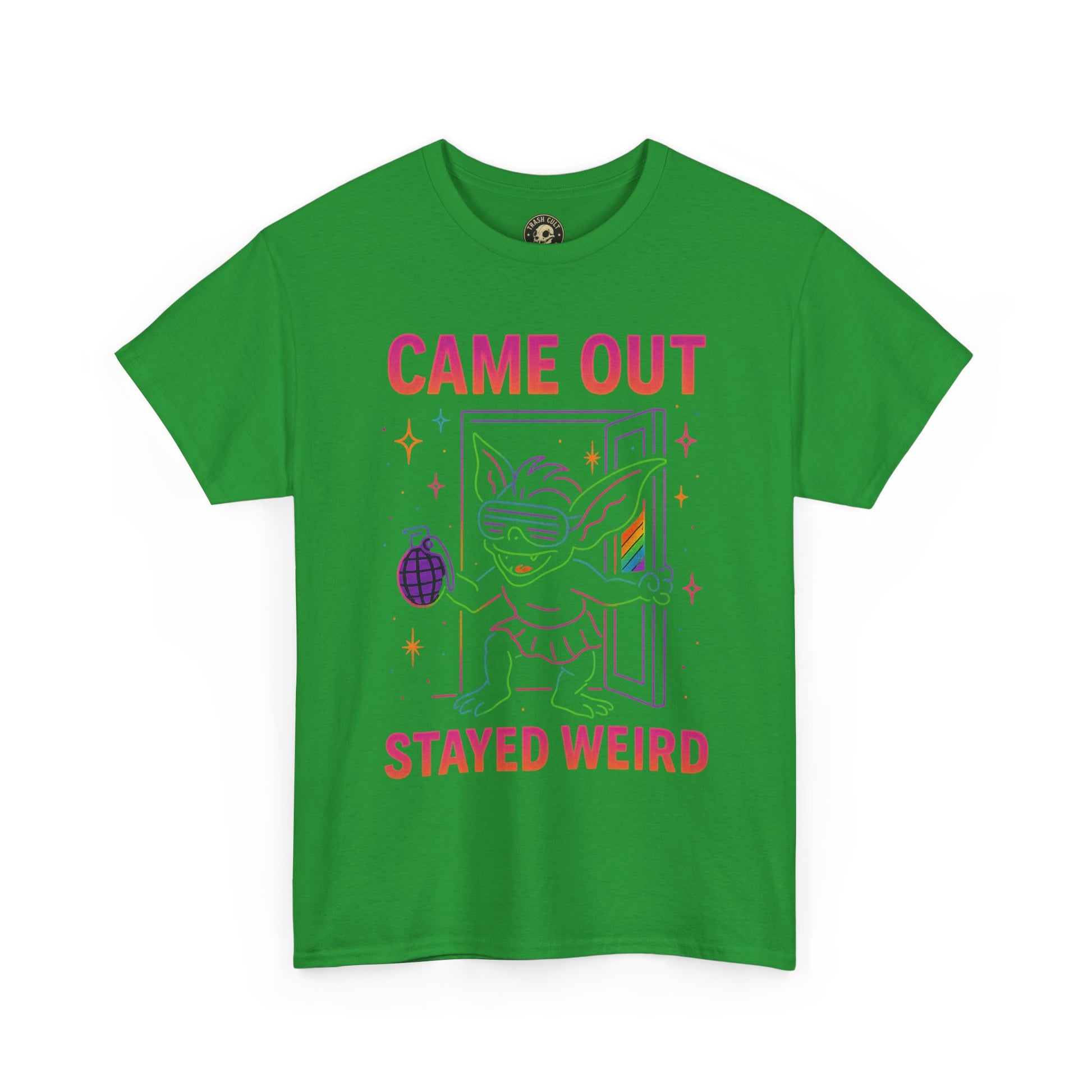 Came Out, Stayed Weird – Neon Gremlin Pride T-Shirt | Gildan Unisex Heavy Cotton Tee | LGBTQ+ Graphic Shirt