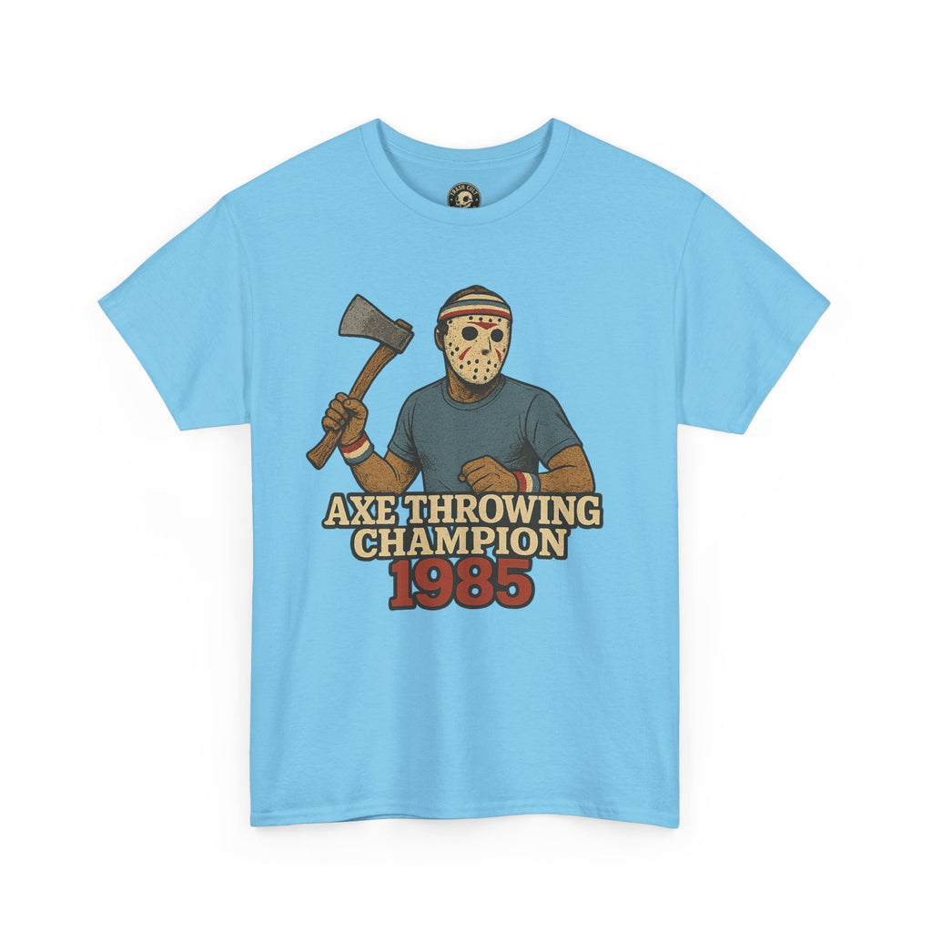 Jason Voorhees Axe Throwing Champion 1985 T-Shirt – Retro Slasher Workout Parody | Gildan 5000 Tee