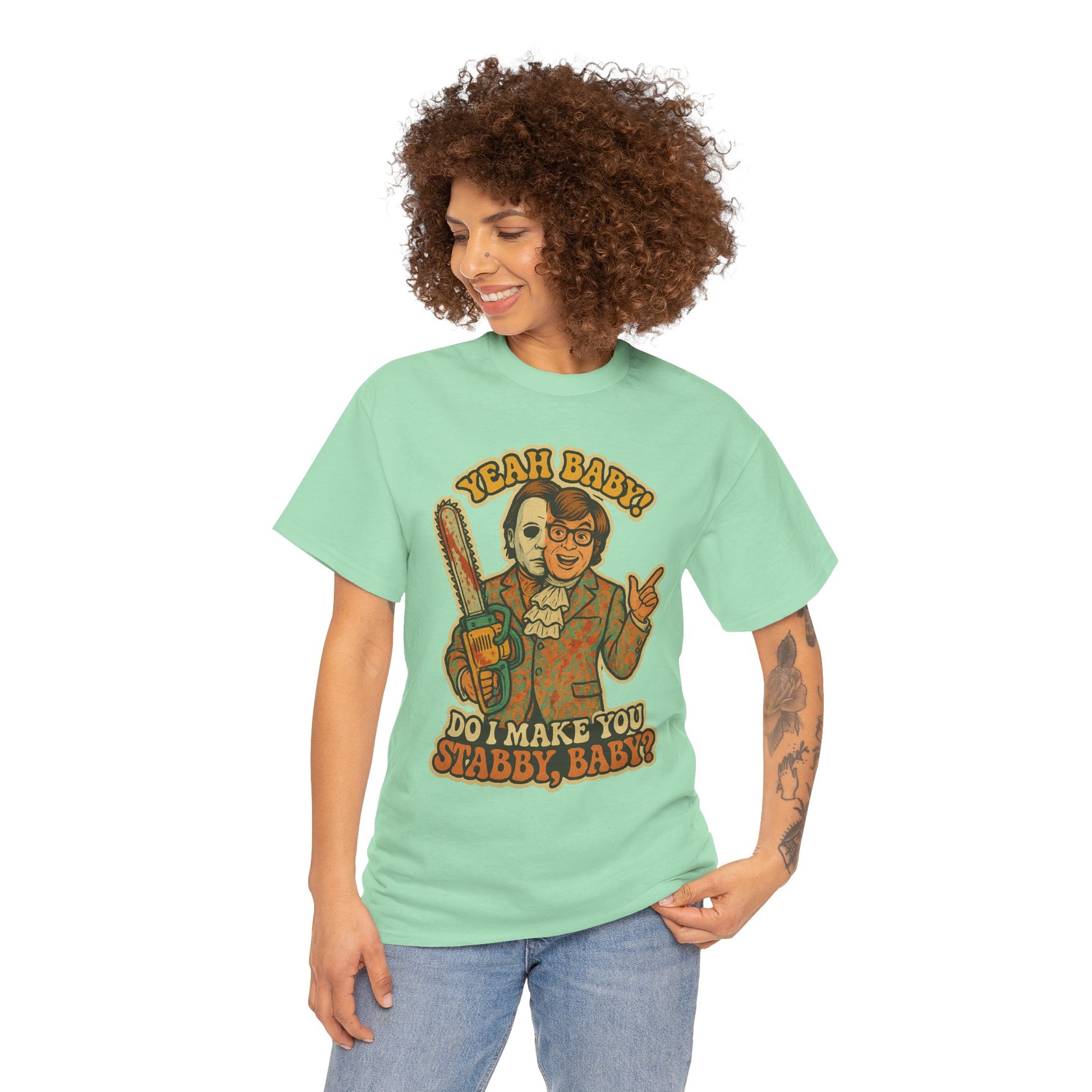Mike Myers Parody Shirt – “Do I Make You Stabby, Baby?” Funny Horror Mashup Tee – Gildan 5000 Unisex