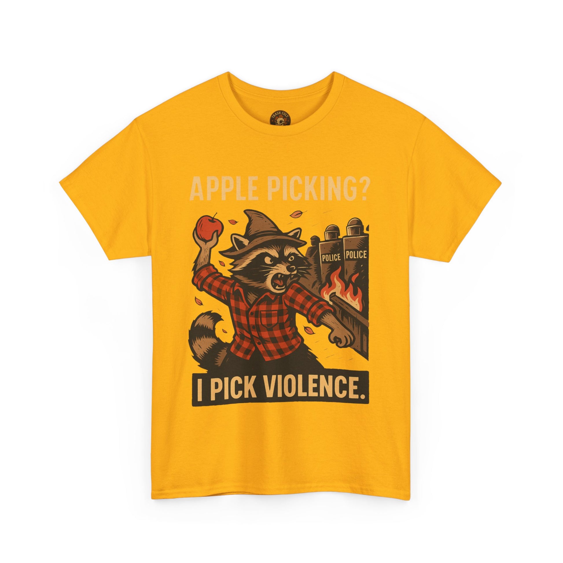 Apple Picking? I Pick Violence Shirt – Angry Raccoon Riot Tee – Fall of Humanity Collection – Trash Cult Supply Co.
