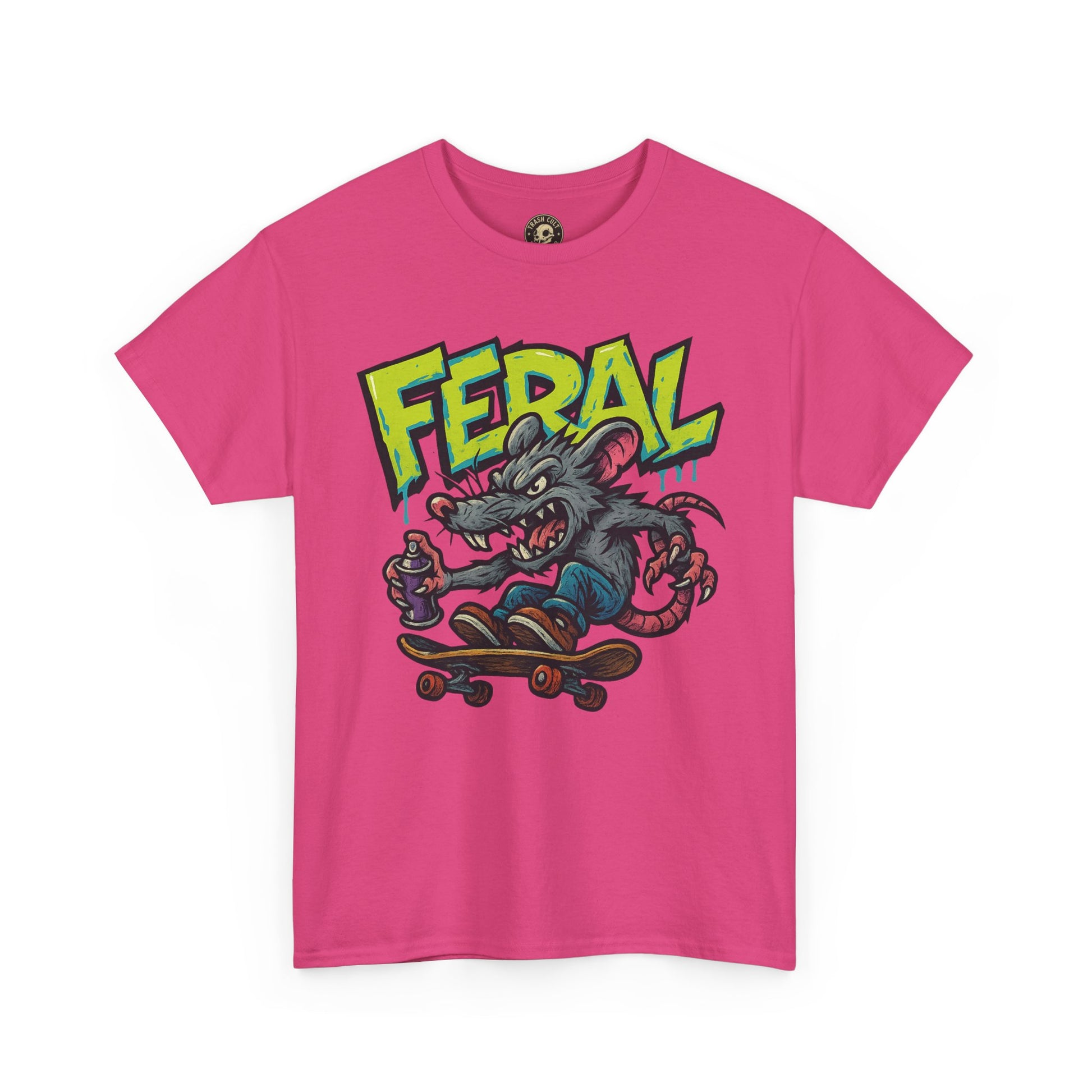 FERAL Graffiti Rat Skate Tee – Street Art Spray Can Mouse on Skateboard | Gildan 5000 Heavy Cotton Shirt