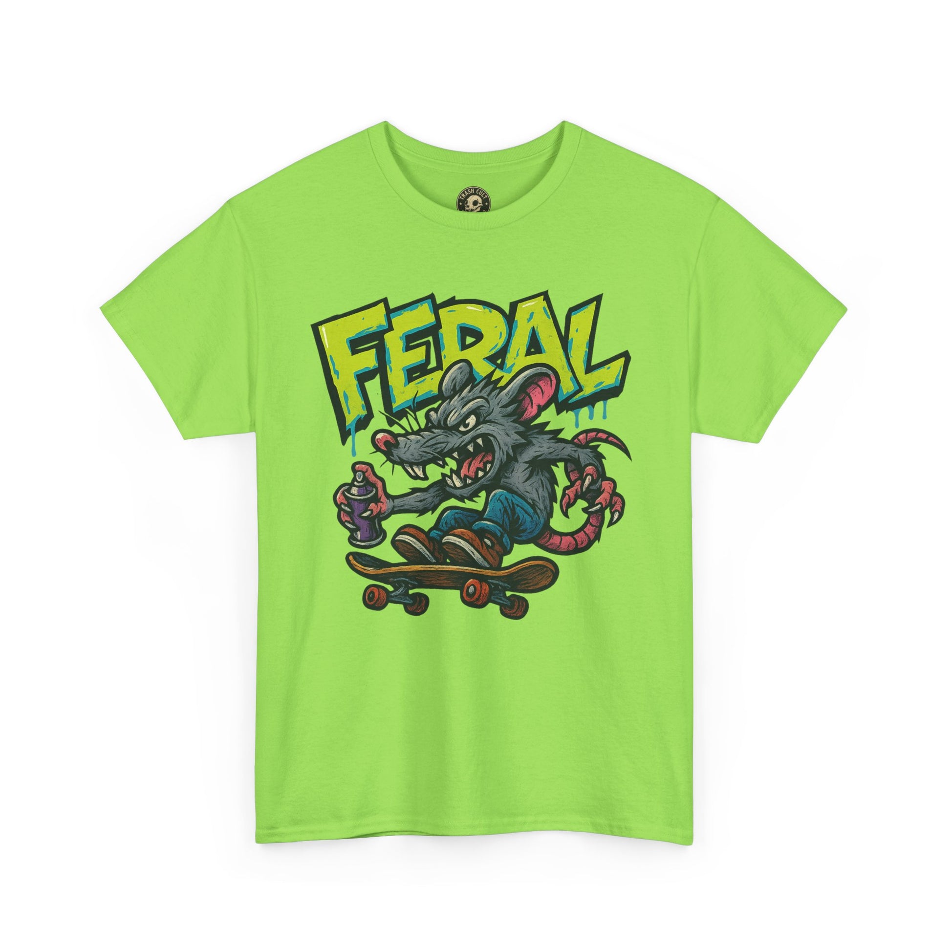 FERAL Graffiti Rat Skate Tee – Street Art Spray Can Mouse on Skateboard | Gildan 5000 Heavy Cotton Shirt