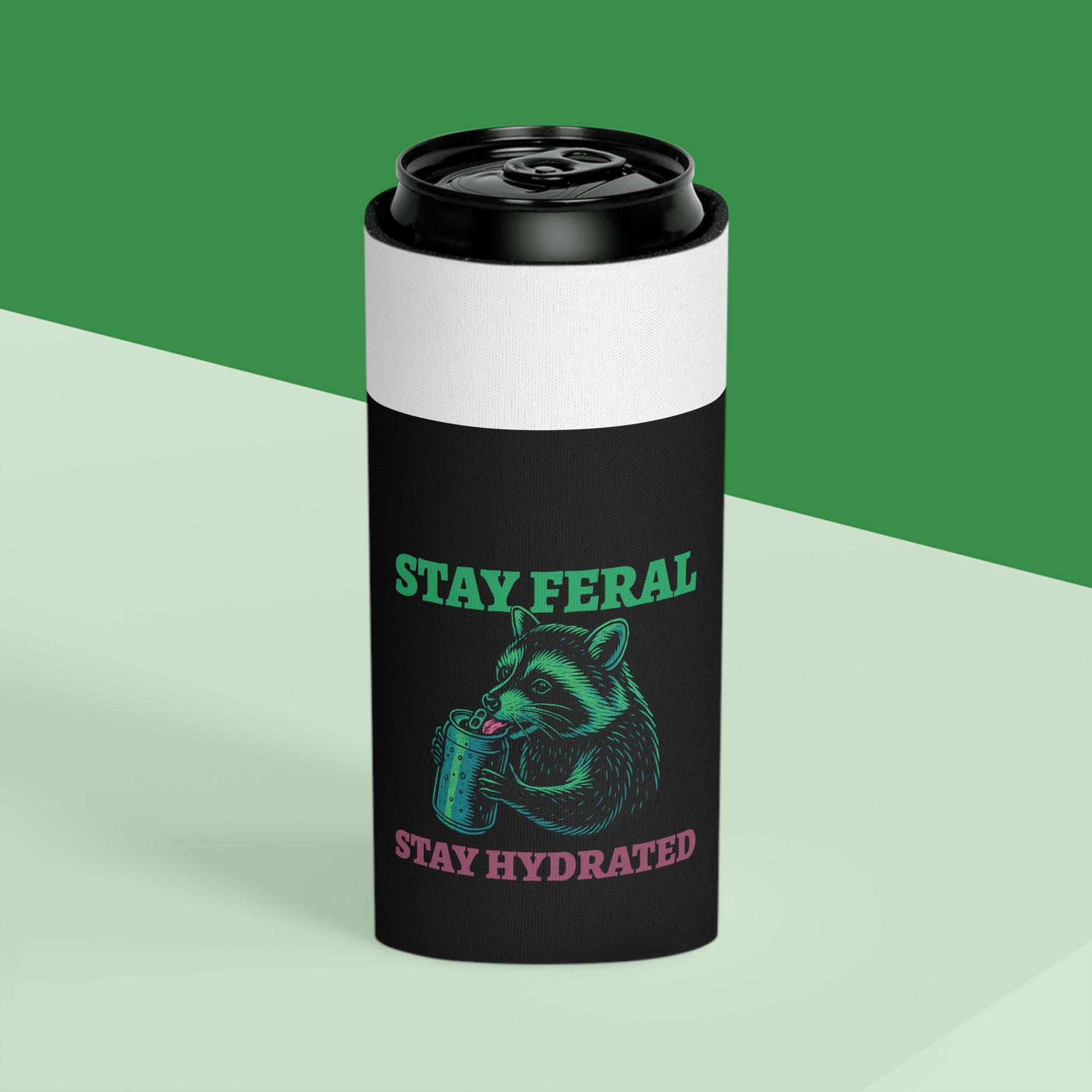 Stay Feral Stay Hydrated Can Cooler – Funny Raccoon Koozie, “Probably Not Water” + “Stay Weird” Slogan