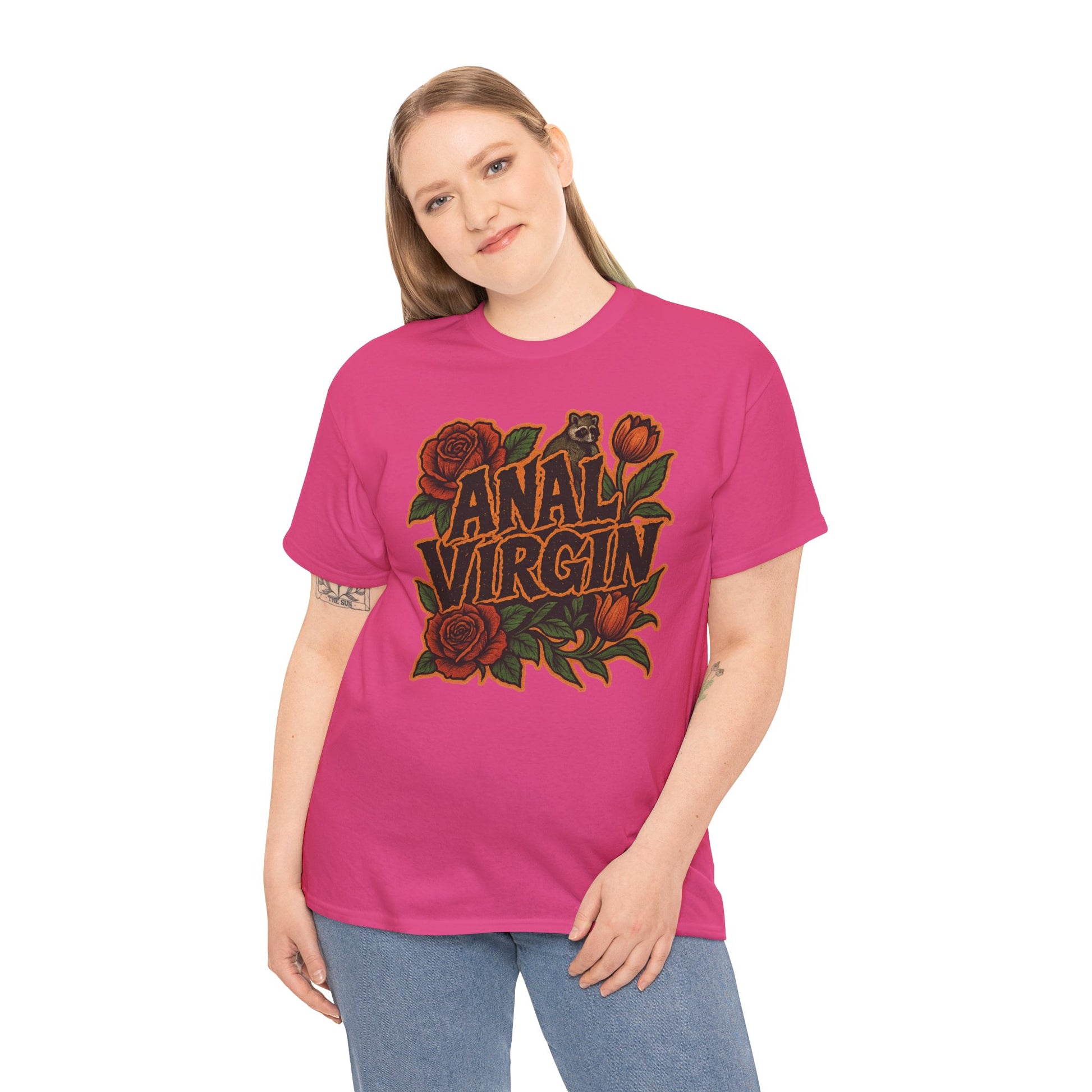 Anal Virgin Bold Floral Trashcore Tee – Funny Raccoon Shirt – Gildan 5000
