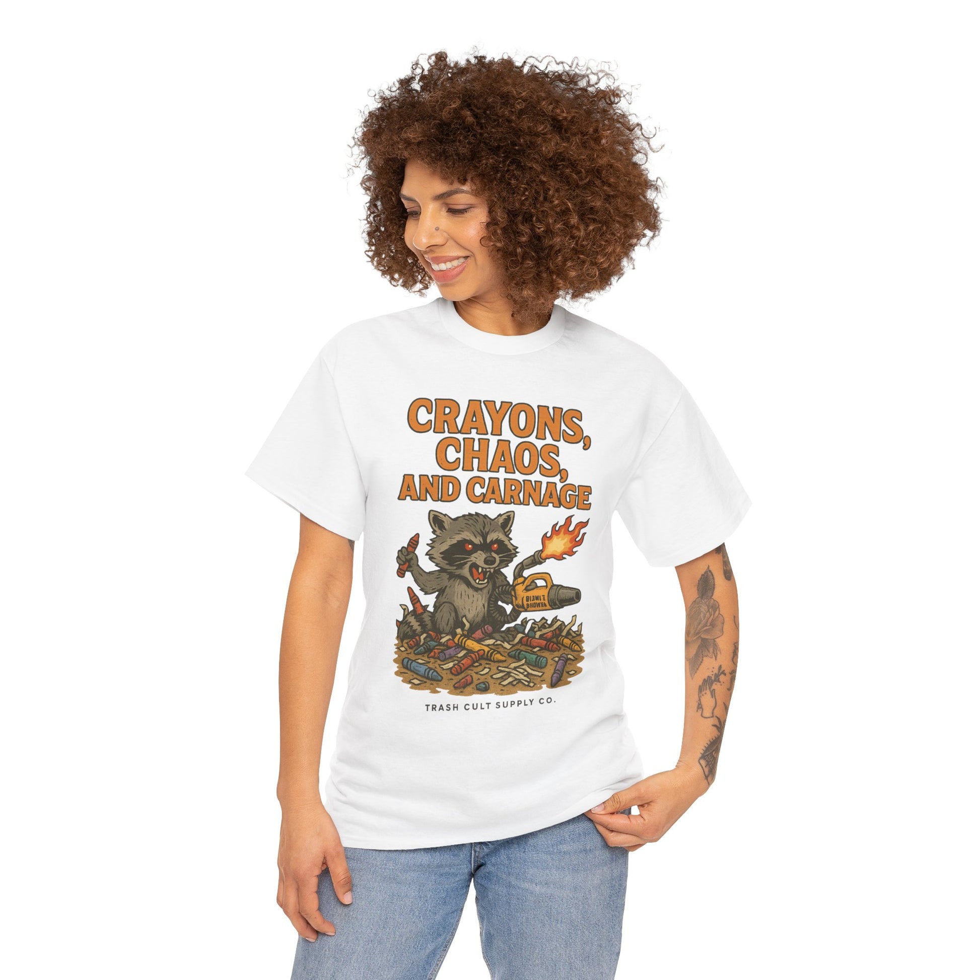 Crayons, Chaos, and Carnage T-Shirt – Dark Humor Raccoon Graphic | Trash Cult Supply Co. | Gildan 5000 Tee