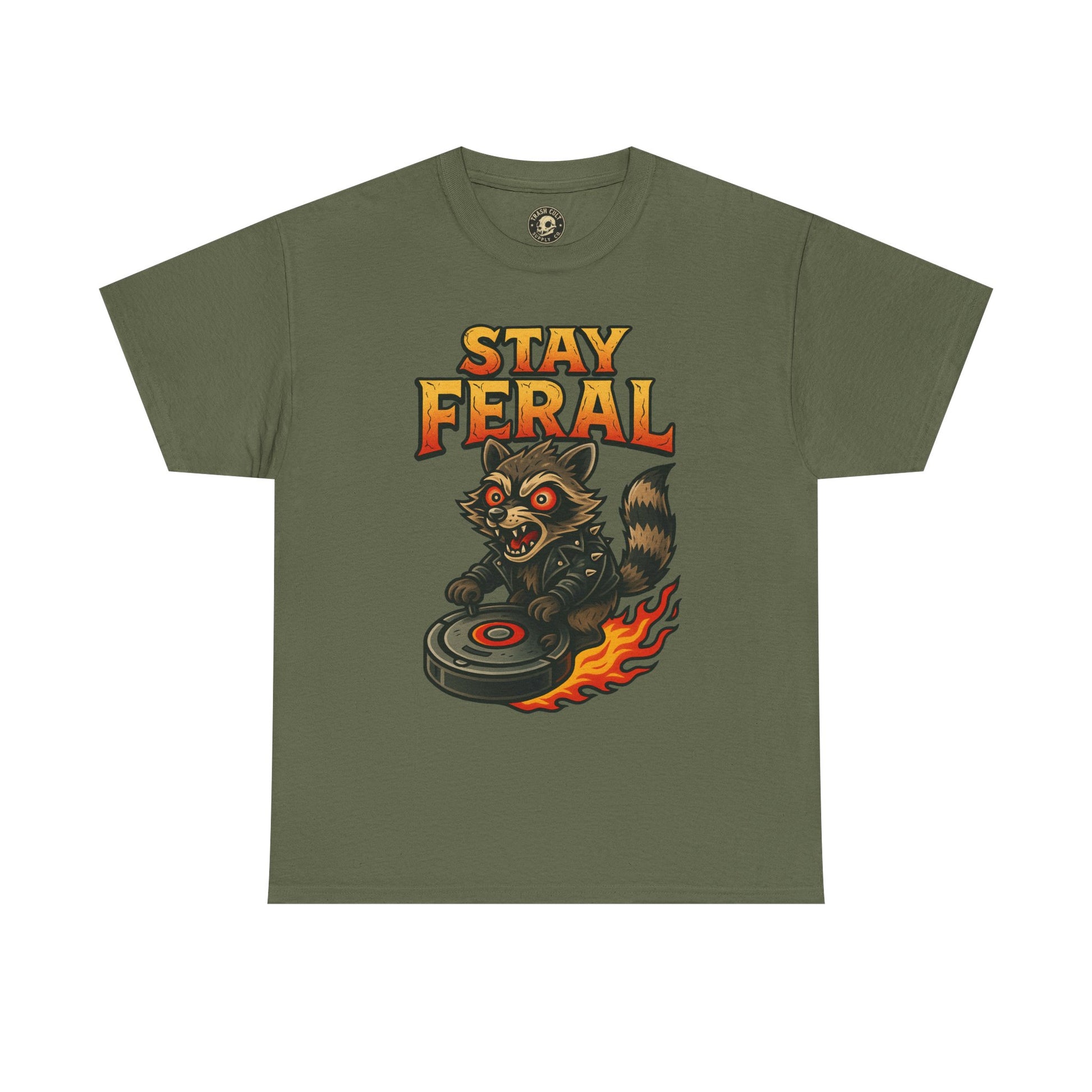 Stay Feral Roomba Raccoon T-Shirt – Bold New School Tattoo Style | Trash Cult Supply Co