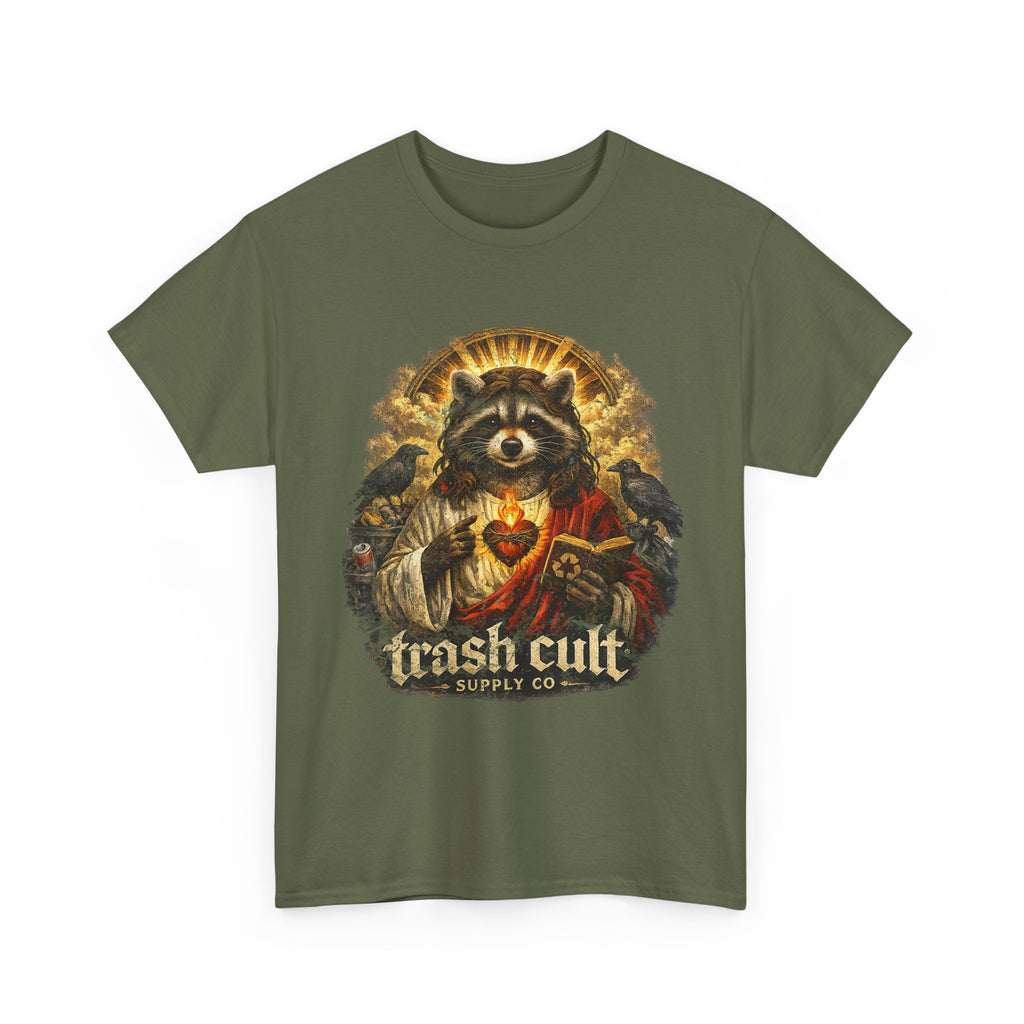 Raccoon Saint Graphic Tee — “Trash Cult” Vintage Devotional Design