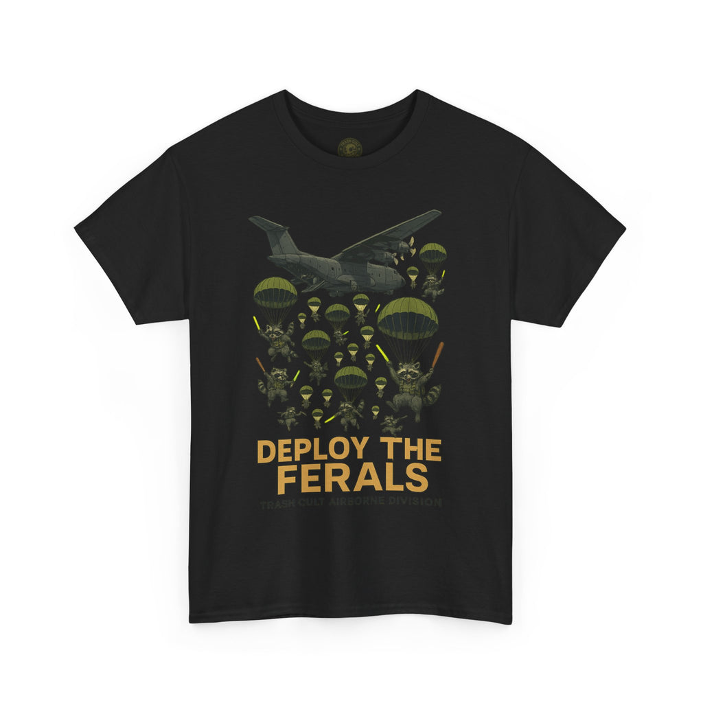 Deploy the Ferals T-Shirt – Airborne Raccoon Drop Graphic | Trash Cult Supply Co. | Gildan 5000 Heavy Cotton Tee