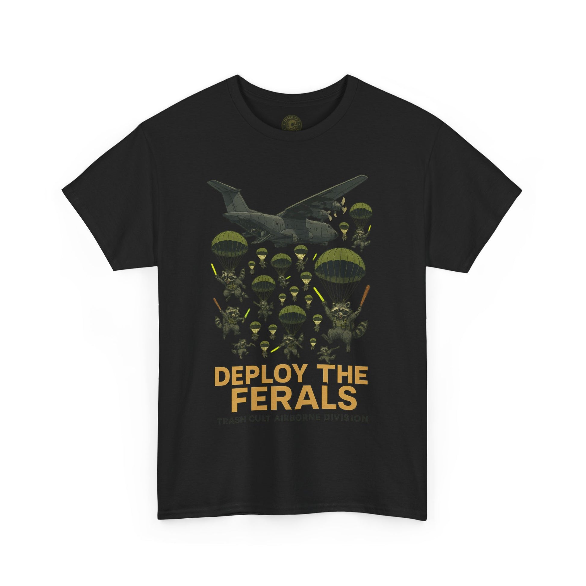 Deploy the Ferals T-Shirt – Airborne Raccoon Drop Graphic | Trash Cult Supply Co. | Gildan 5000 Heavy Cotton Tee