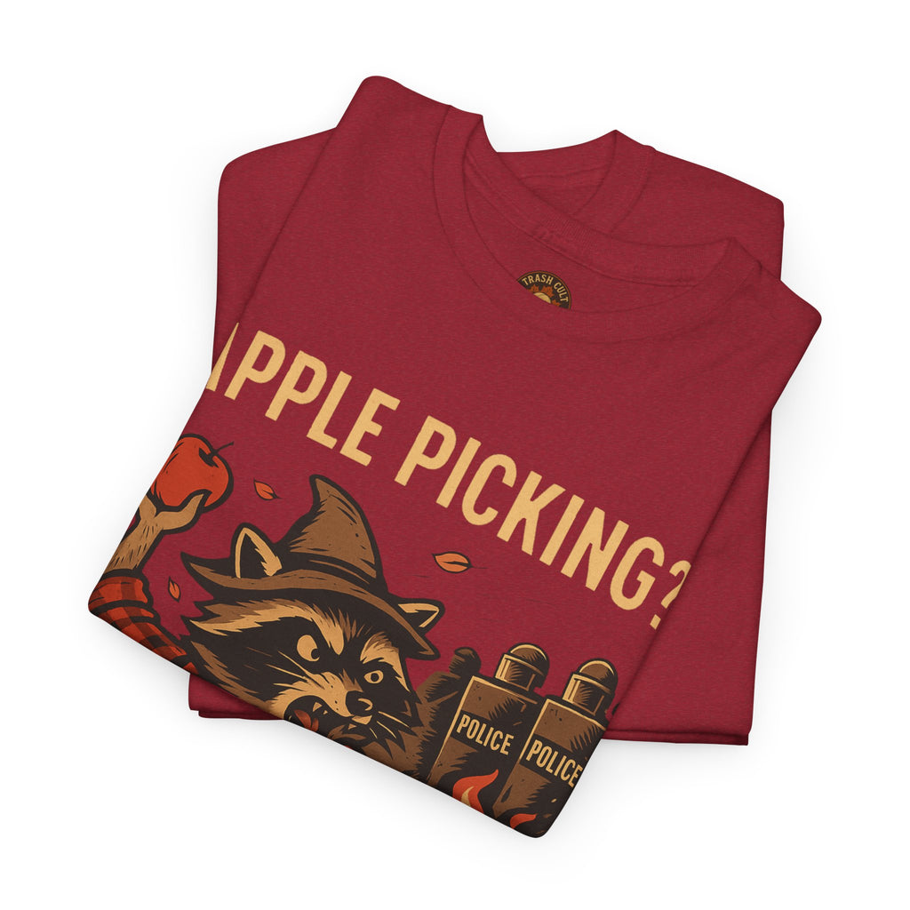 Apple Picking? I Pick Violence Shirt – Angry Raccoon Riot Tee – Fall of Humanity Collection – Trash Cult Supply Co.