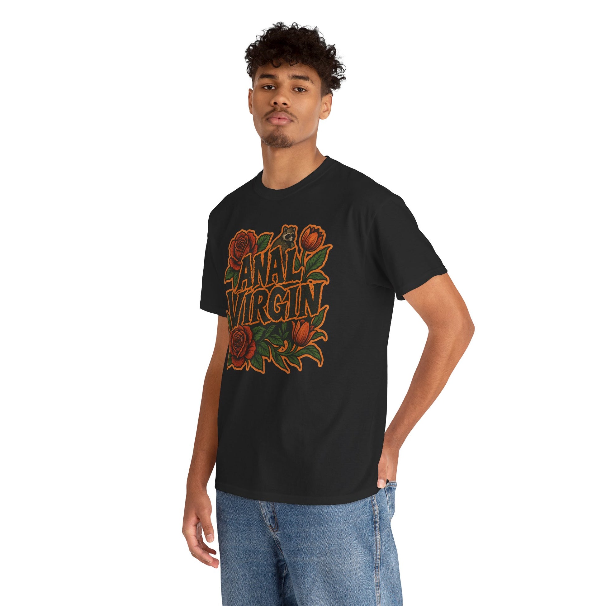 Anal Virgin Bold Floral Trashcore Tee – Funny Raccoon Shirt – Gildan 5000
