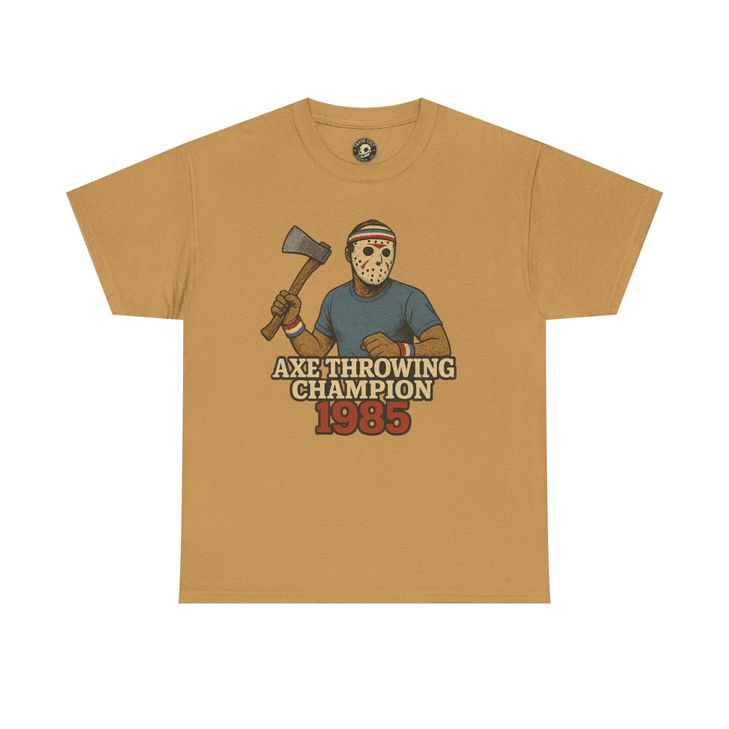 Jason Voorhees Axe Throwing Champion 1985 T-Shirt – Retro Slasher Workout Parody | Gildan 5000 Tee