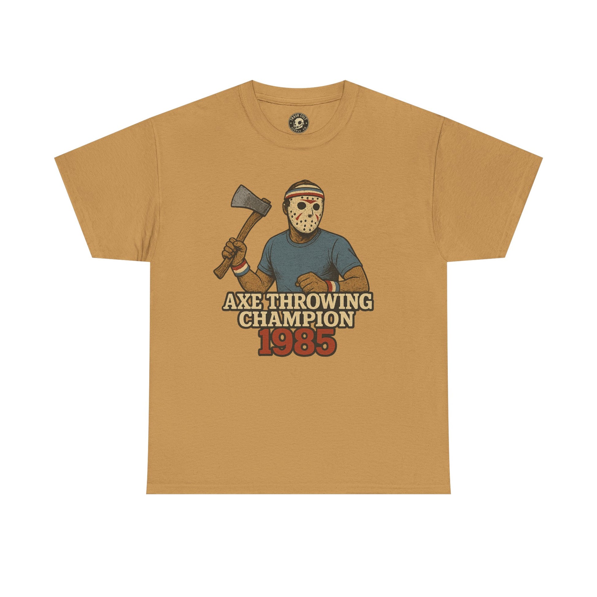 Jason Voorhees Axe Throwing Champion 1985 T-Shirt – Retro Slasher Workout Parody | Gildan 5000 Tee