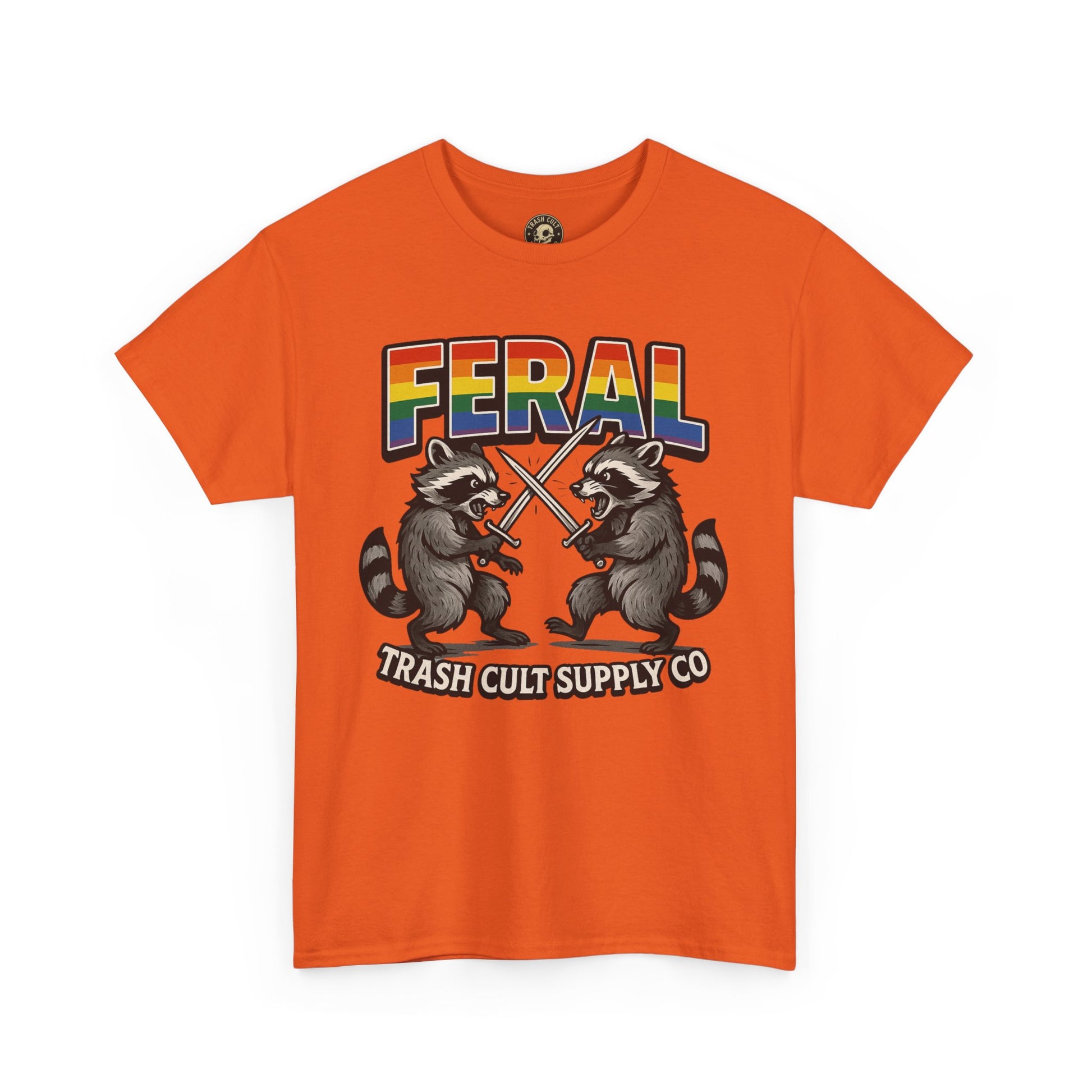 FERAL Rainbow Raccoon Sword Fighting Graphic Tee – Gildan 5000 Heavy Cotton