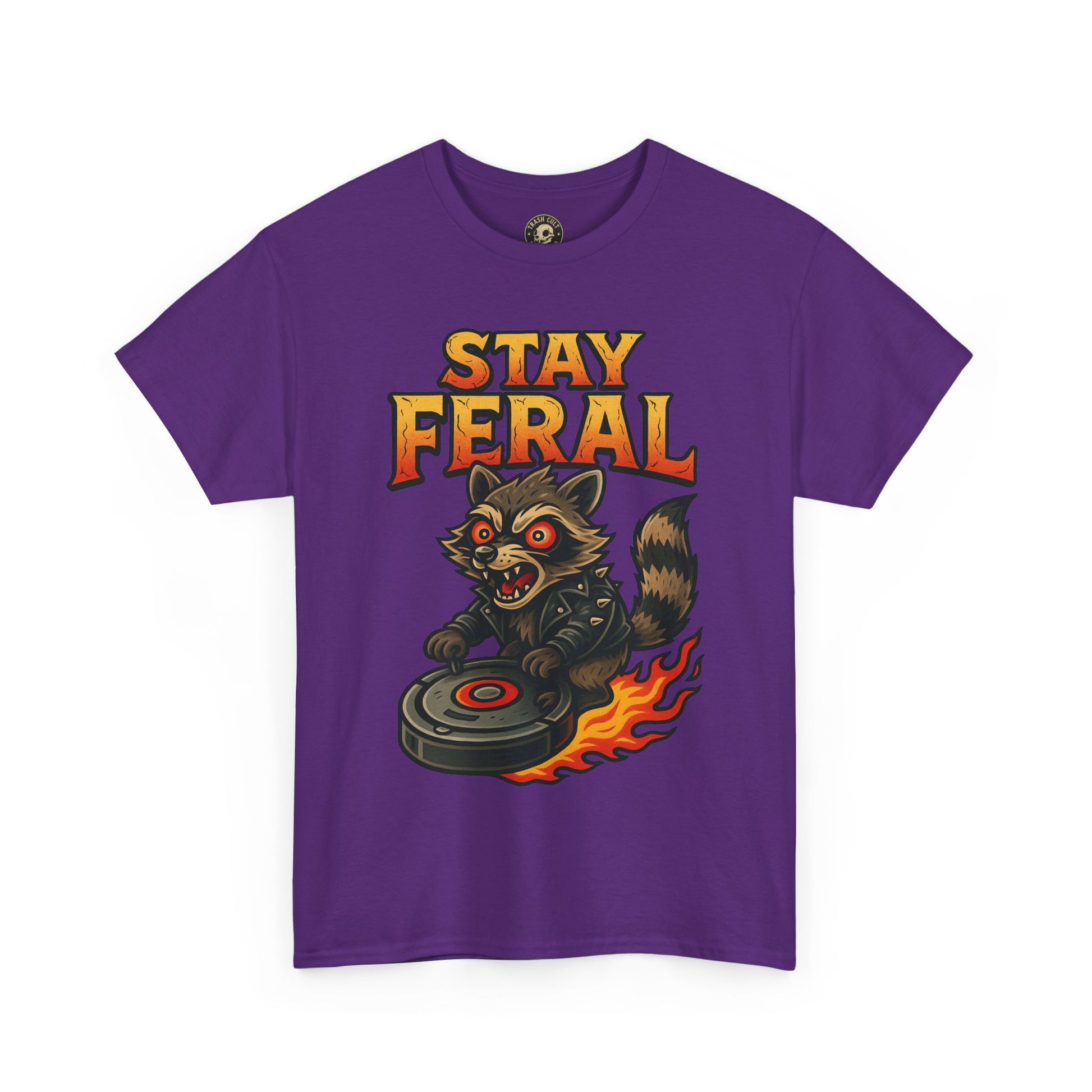Stay Feral Roomba Raccoon T-Shirt – Bold New School Tattoo Style | Trash Cult Supply Co