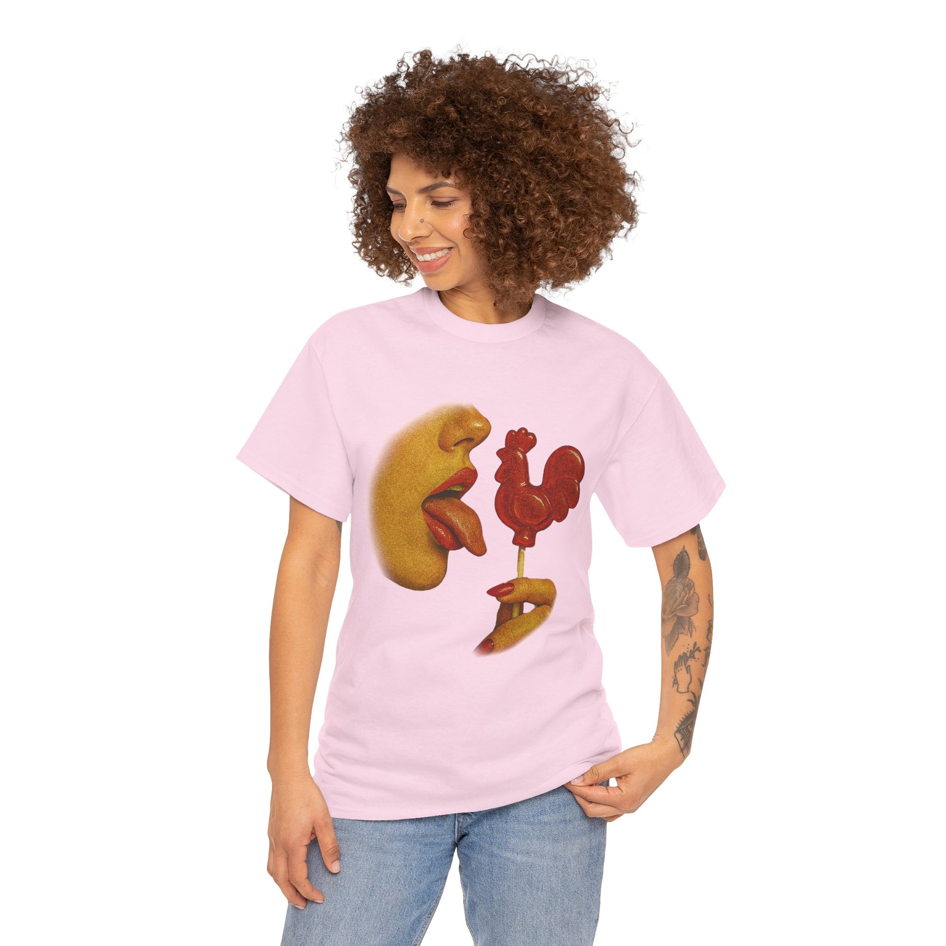 Bold Retro Halftone Tease – Red Rooster Lollipop Graphic Tee