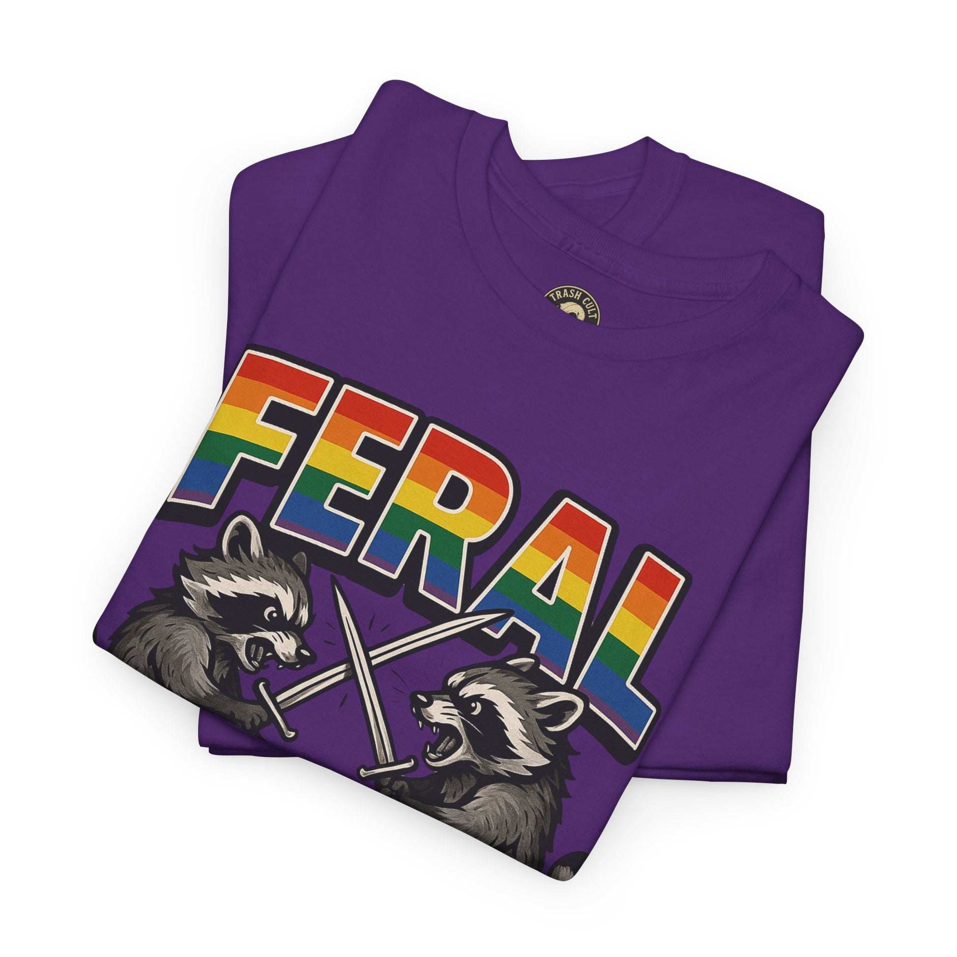 FERAL Rainbow Raccoon Sword Fighting Graphic Tee – Gildan 5000 Heavy Cotton