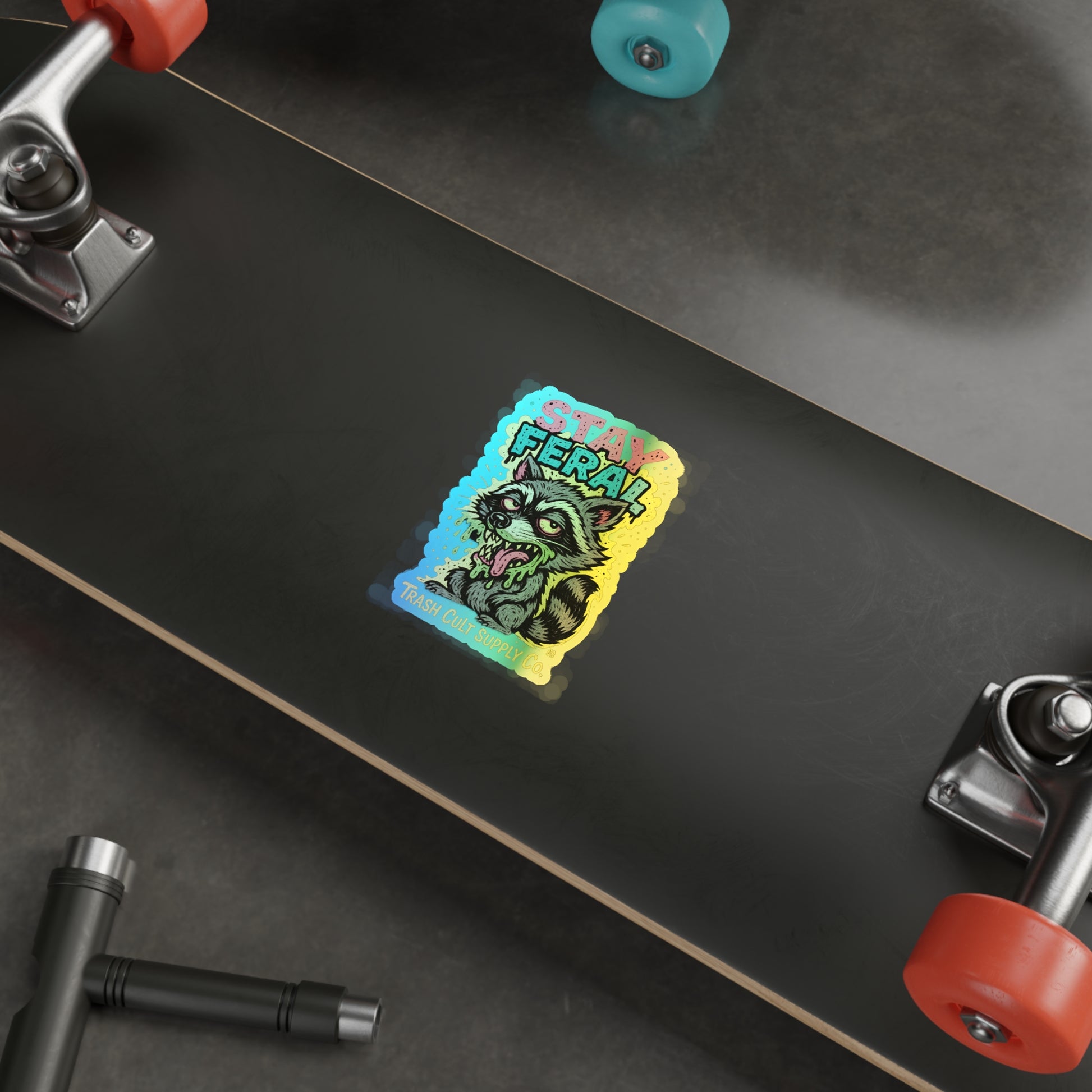Holographic Die-Cut Stickers - Stay Feral, Fun Decor, Skateboard Accessories, Cool Vibe, Gift for Animal Lovers, Distinctive Art