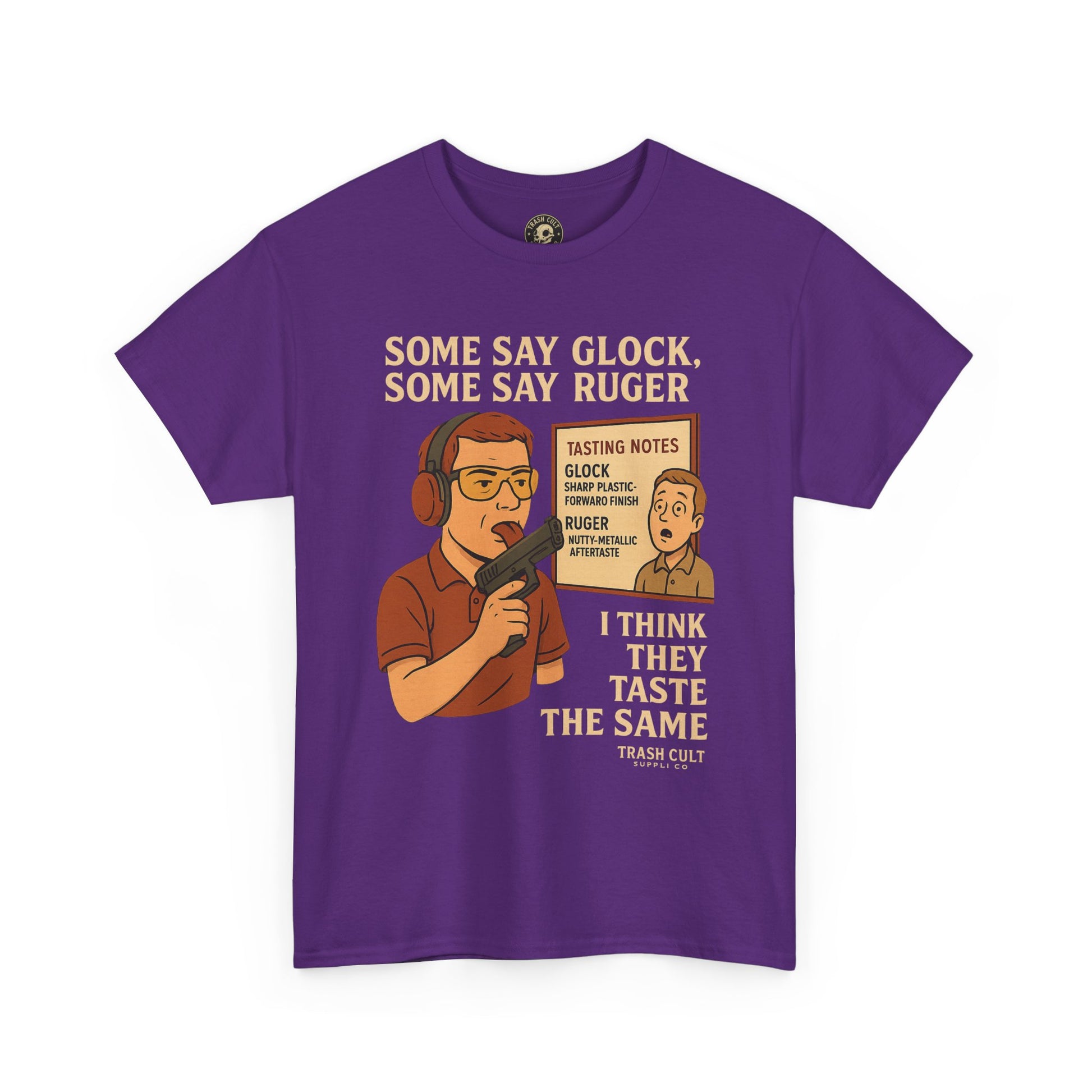Glock vs Ruger Mouthfeel Shirt – Funny Gun Show Parody Tee | Dark Humor Firearm Tasting Notes Shirt