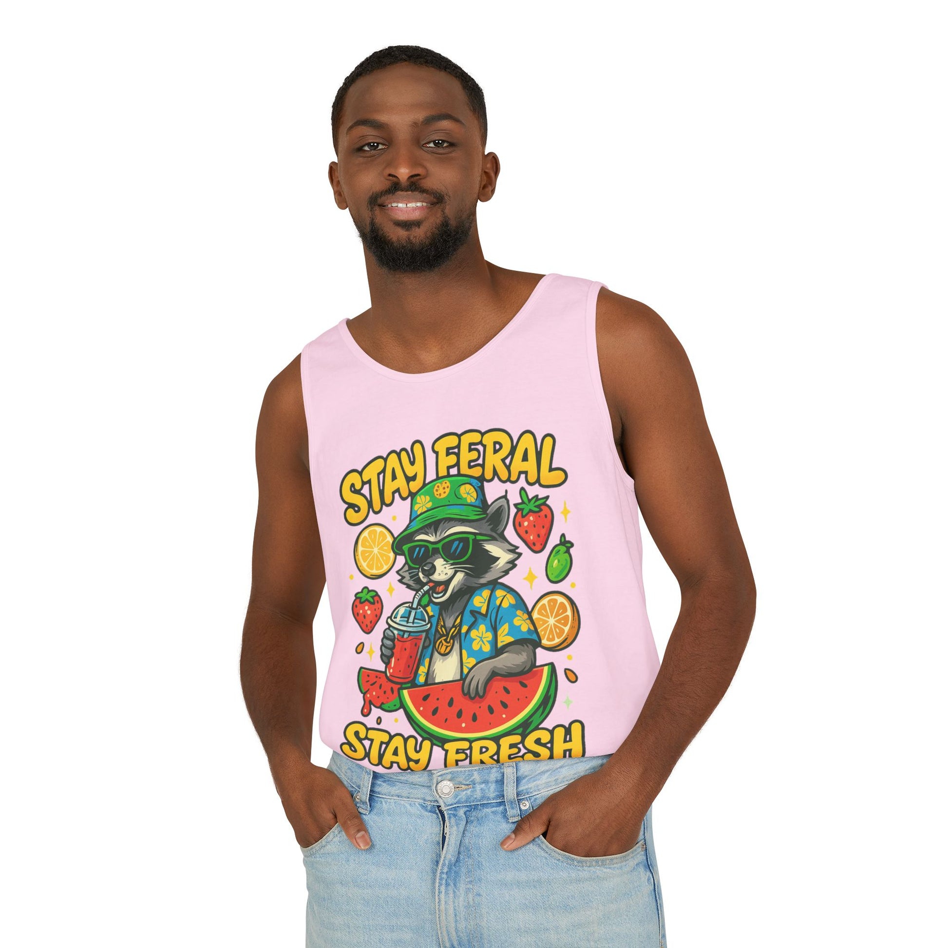 Stay Feral Stay Fresh Tank Top, Summer Apparel, Unisex Graphic Tee, Beachwear, Fun Gift for Animal Lovers