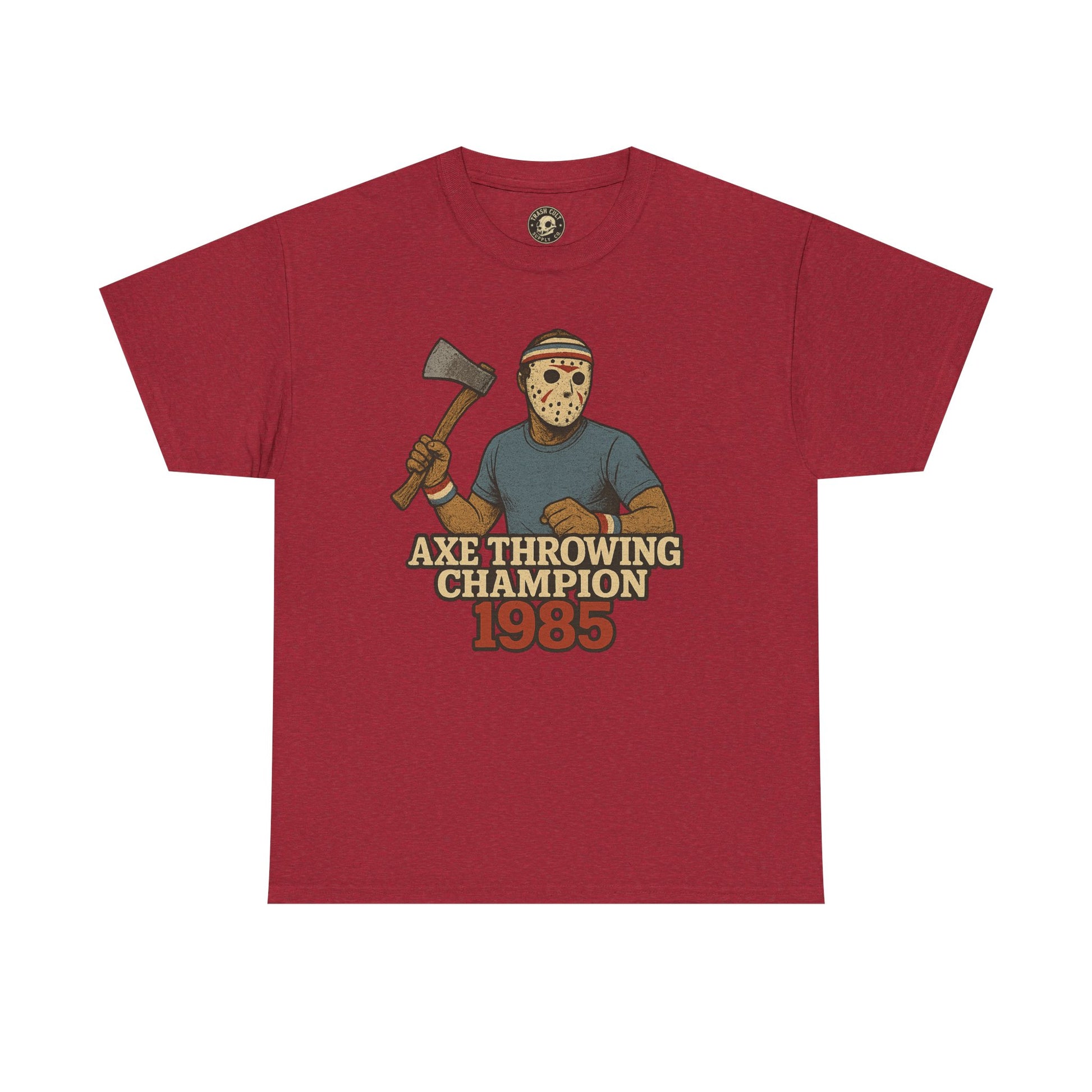 Jason Voorhees Axe Throwing Champion 1985 T-Shirt – Retro Slasher Workout Parody | Gildan 5000 Tee
