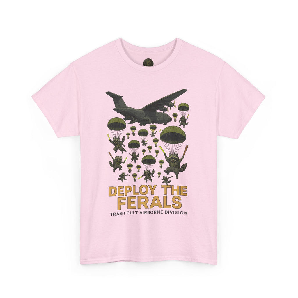 Deploy the Ferals T-Shirt – Airborne Raccoon Drop Graphic | Trash Cult Supply Co. | Gildan 5000 Heavy Cotton Tee